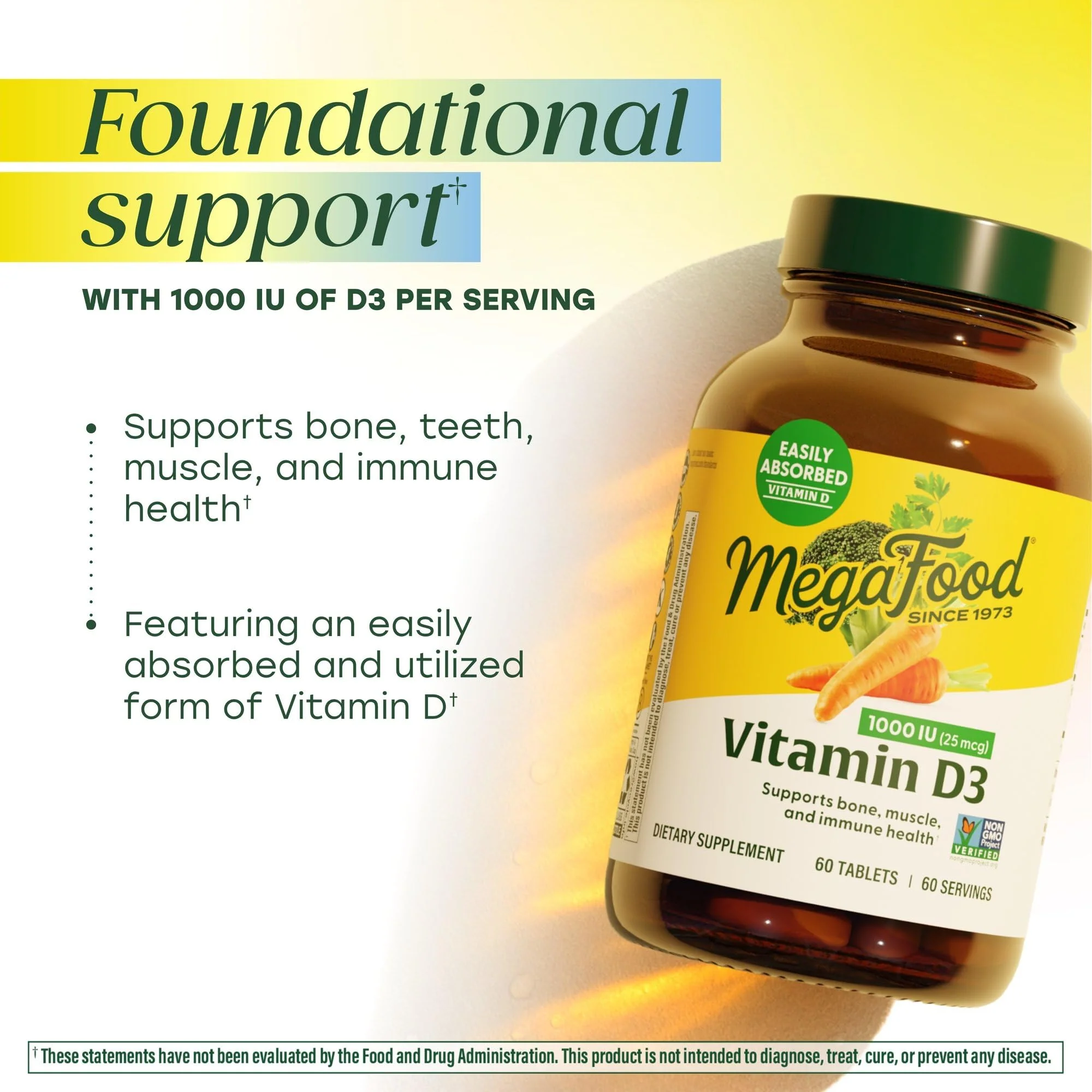 MegaFood Vitamin D3 1000 IU (25 mcg) - Vitamin D Supplements with Real Food, Immune Support, Supports Bones, Teeth & Muscles, Vegetarian, Gluten-Free, Non-GMO, Kosher – 60 Tablets, 60 Servings - Image 7