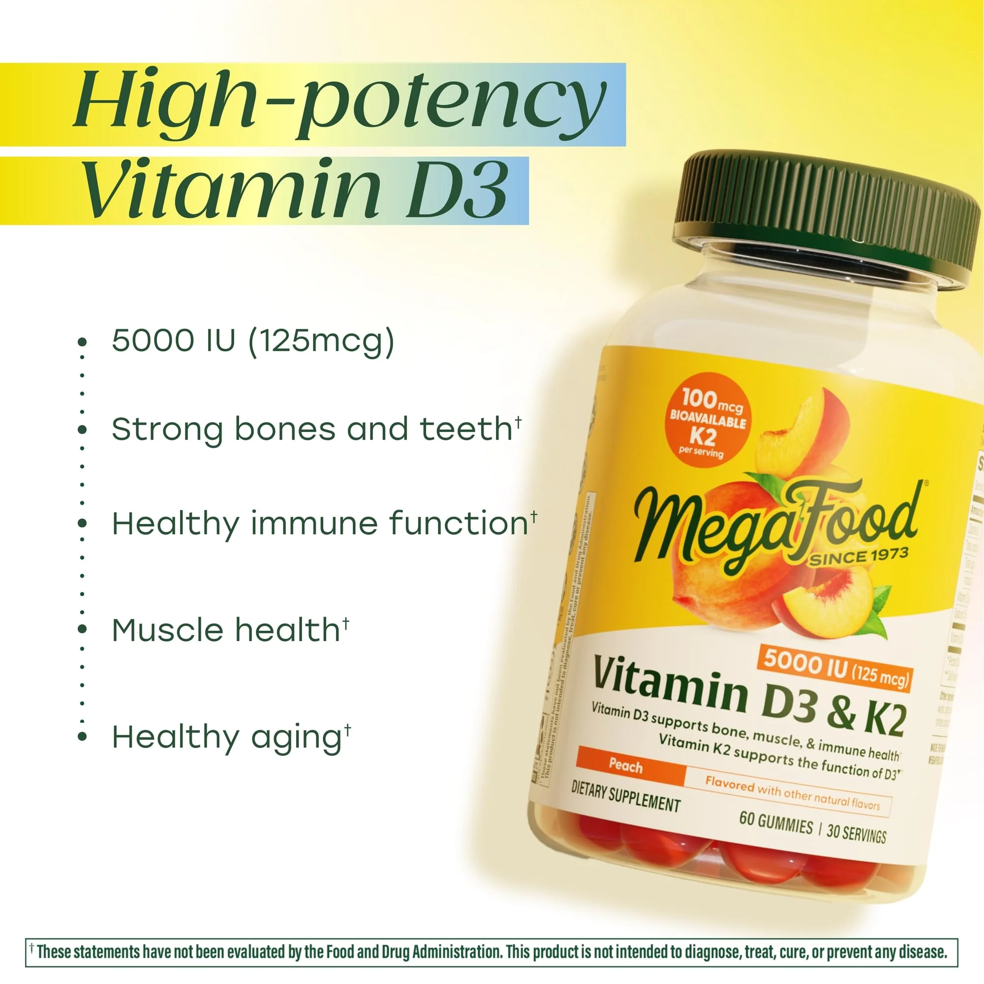 MegaFood Vitamin D3 K2 Gummies - Vitamin D 5000 IU for Bone & Immune Health Plus Support for Optimal Calcium Absorption - Peach Flavor, Pectin Based - 60 Vegetarian D3 and K2 Supplements, 30 Servings - Image 8