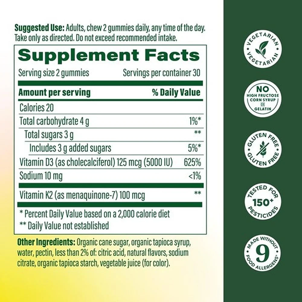 MegaFood Vitamin D3 K2 Gummies - Vitamin D 5000 IU for Bone & Immune Health Plus Support for Optimal Calcium Absorption - Peach Flavor, Pectin Based - 60 Vegetarian D3 and K2 Supplements, 30 Servings - Image 9