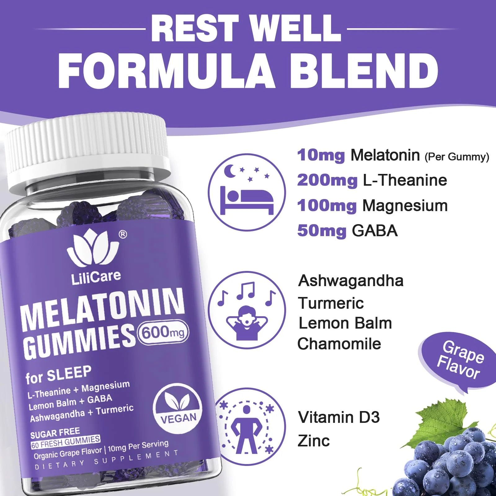 Melatonin 20mg Gummies for Adults (2 Packs) Extra Strength with L-Theanine, Ashwagandha, Magnesium, Turmeric, GABA, Lemon Balm and Chamomile for Supports Healthy Circadian Rhythm, Grape Flavor, 120ct - Image 5