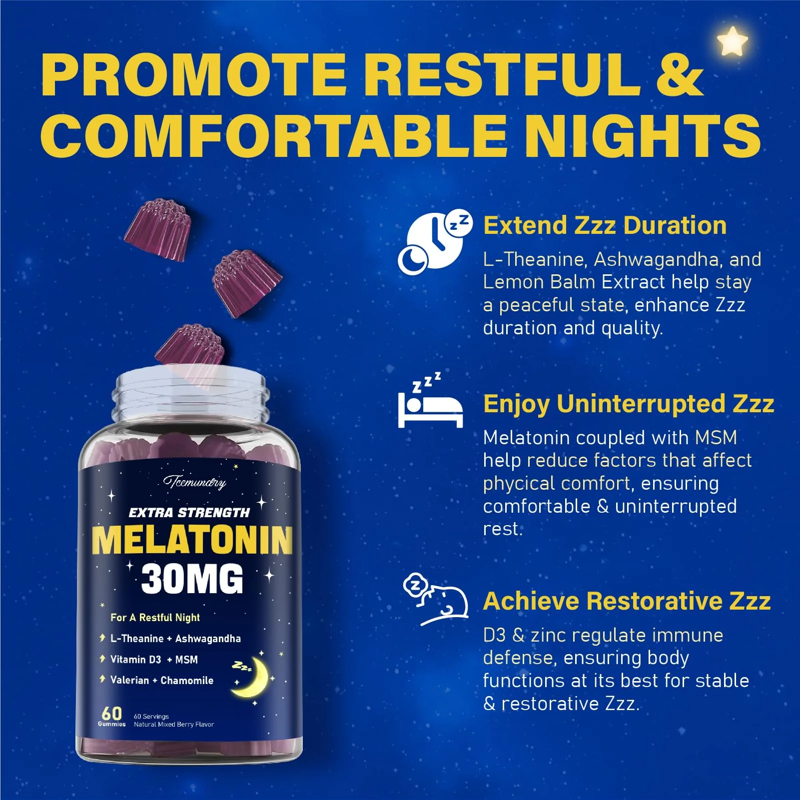 Melatonin Gummies 30mg for Adults: Maximum Strength Melatonin Supplement with L-Theanine, Ashwagandha, MSM, Vitamin D3 & Zinc - Non-Habit Forming, Natural Mixed Berry Flavor 60 Count (Pack of 2) - Image 5