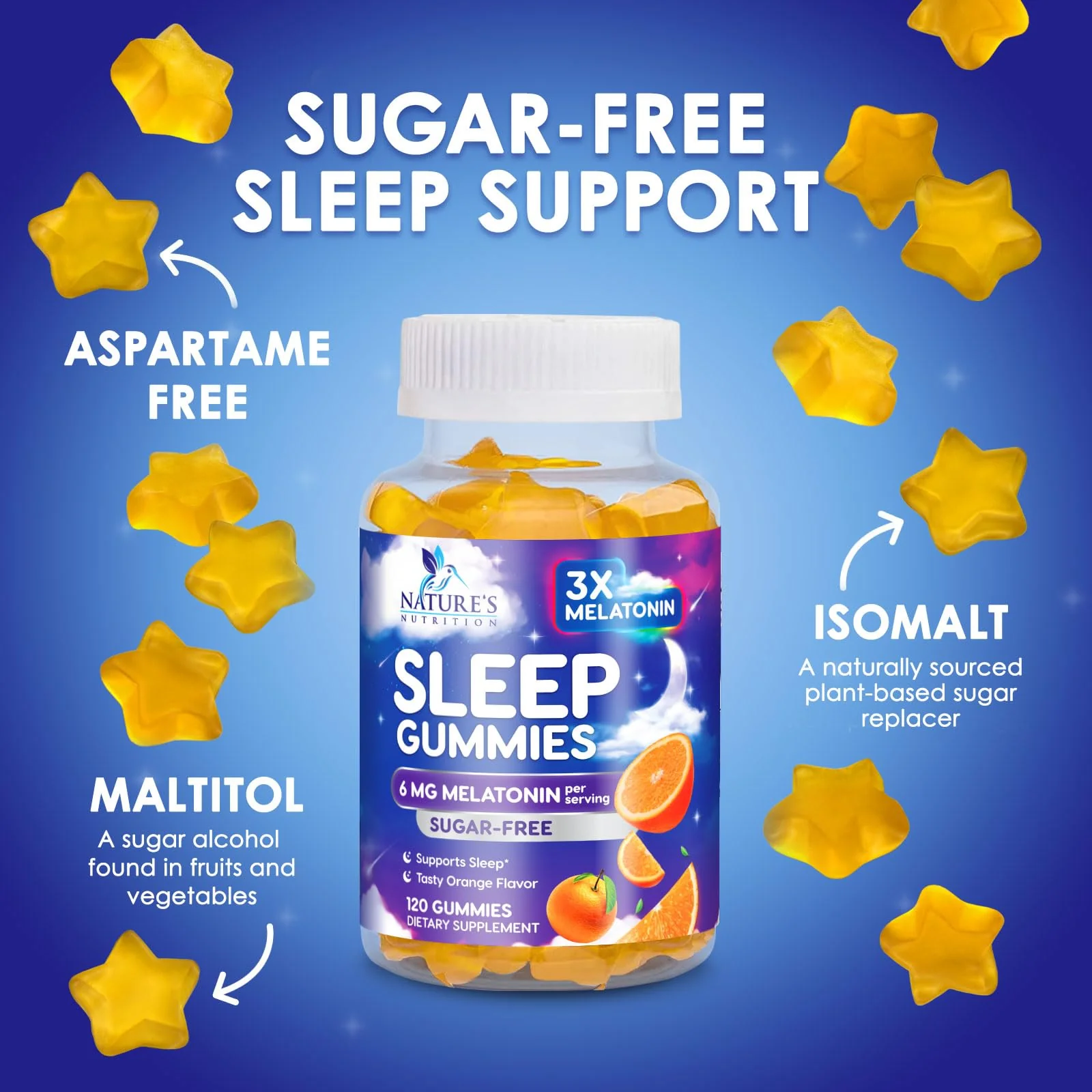Melatonin Sleep Gummies - 6mg Per Serving - Sugar-Free Sleep Support Melatonin Gummy for Adults - Extra Strength Sleeping Gummy Supplement - Supports Restful Sleep - Tasty Orange Flavor - 120 Gummies - Image 4