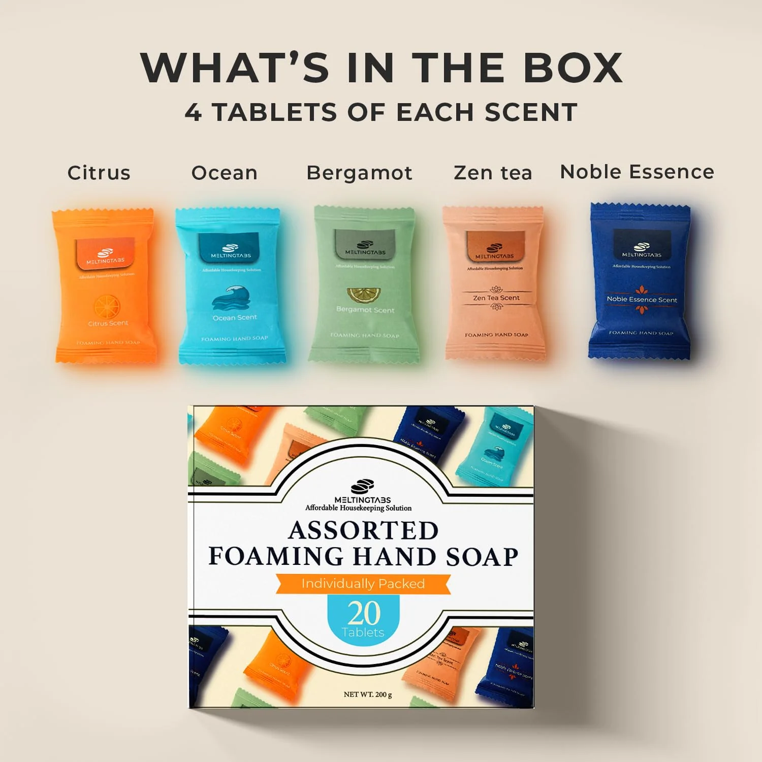 MELTINGTABS Assorted Foaming Hand Soap Tablets – 20 Tablets in 5 Scents (Citrus, Bergamot, Ocean, Noble Essence, Zen Tea) – Individually Packed, Concentrated Soap Refill for Foam Dispensers - Image 4