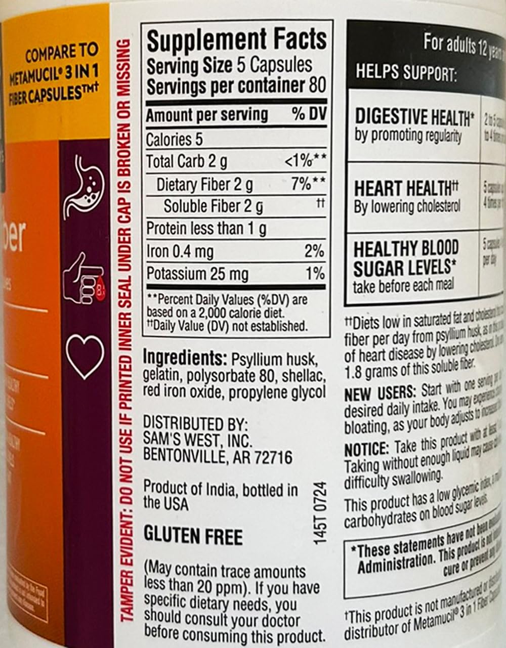 Member's Mark Fiber Capsules 2Pack (400 Count) Psyllium Husk is The #1 Doctor-Recommended Fiber Supplement. - Image 5