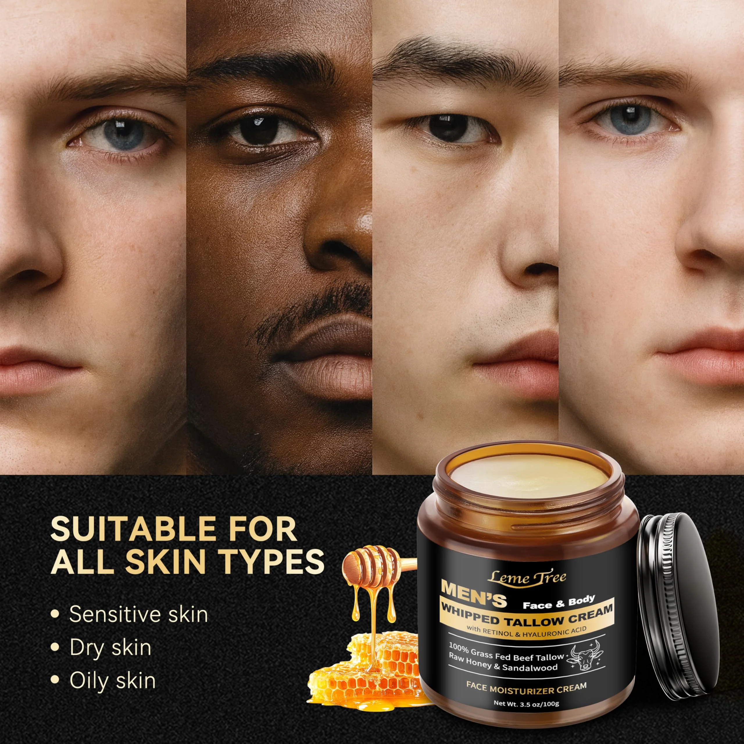 Men's Beef Tallow for Skin, Whipped Grass-Fed Beef Tallow Face Cream, Tallow Balm with Anti-Aging Retinol & Hyaluronic Acid, Mens Skin Care Face Moisturizer, Reduces Wrinkles Lines, Sandalwood, 3.5 OZ - Image 6