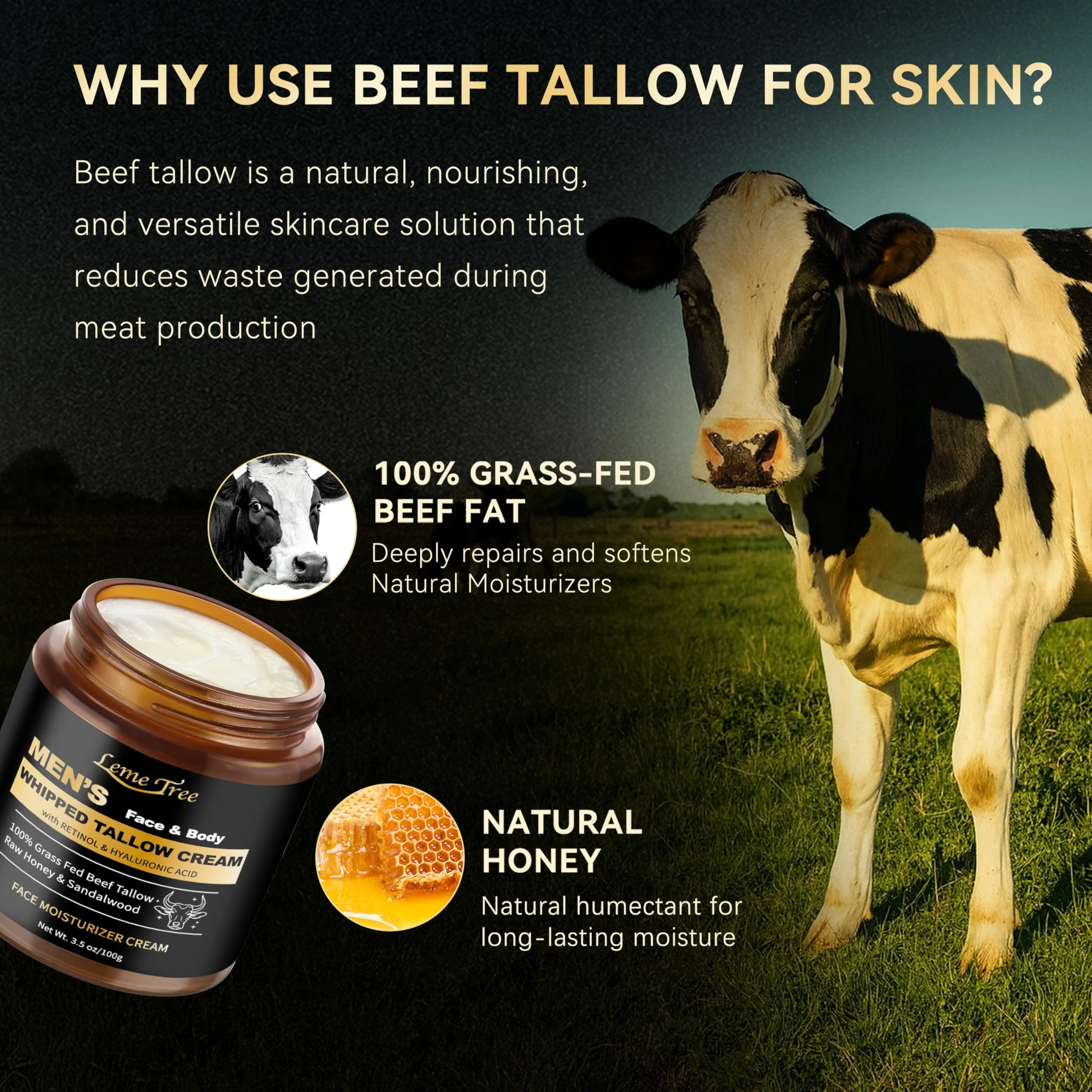 Men's Beef Tallow for Skin, Whipped Grass-Fed Beef Tallow Face Cream, Tallow Balm with Anti-Aging Retinol & Hyaluronic Acid, Mens Skin Care Face Moisturizer, Reduces Wrinkles Lines, Sandalwood, 3.5 OZ - Image 7