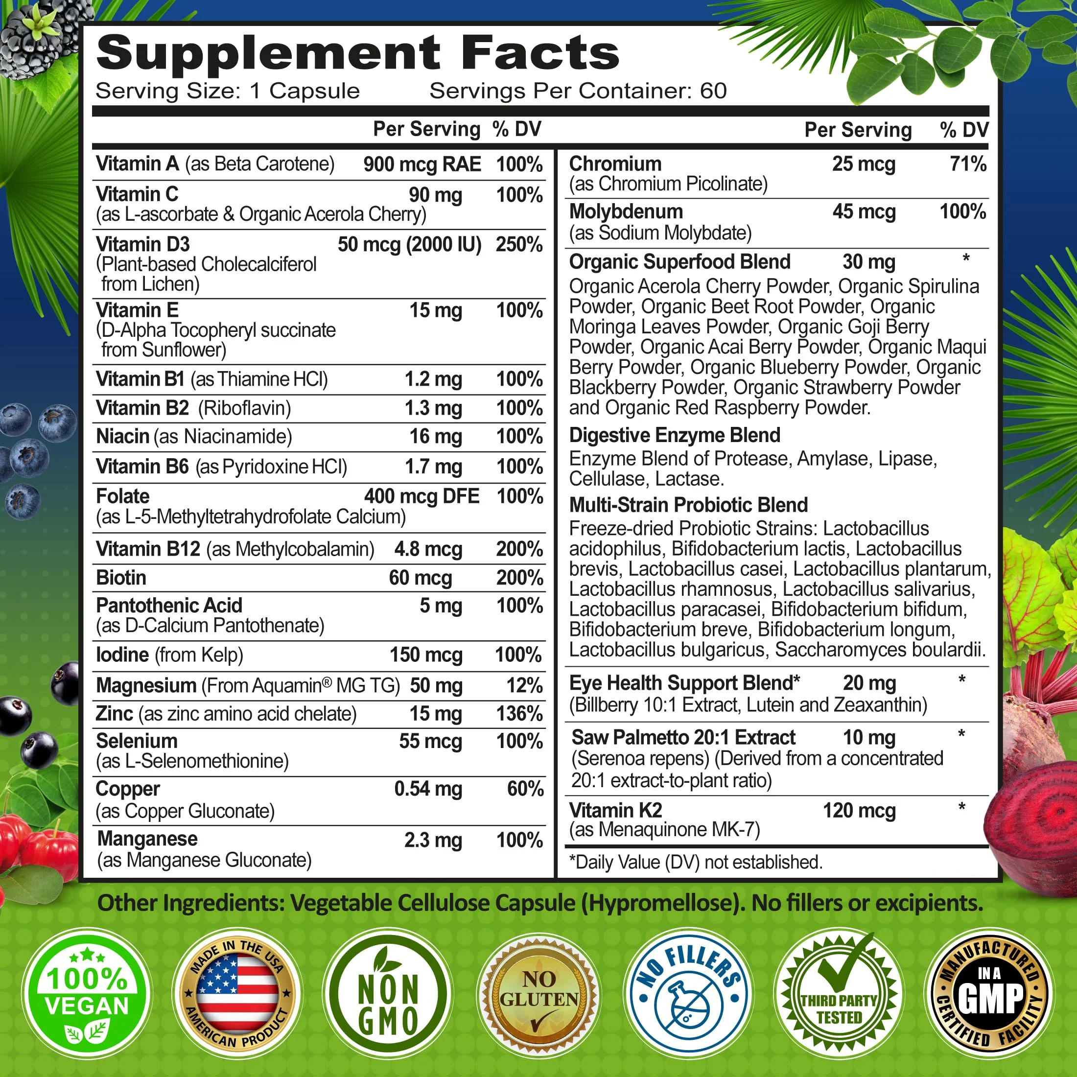 Men's Daily Multivitamin 50 Plus - Vegan Methylated Multivitamin for Men 50 and Over - Saw Palmetto, Biotin, Organic Superfoods, Lutein - Eye, Energy, Gut, Health Support - Easy to Swallow Capsules - Image 6