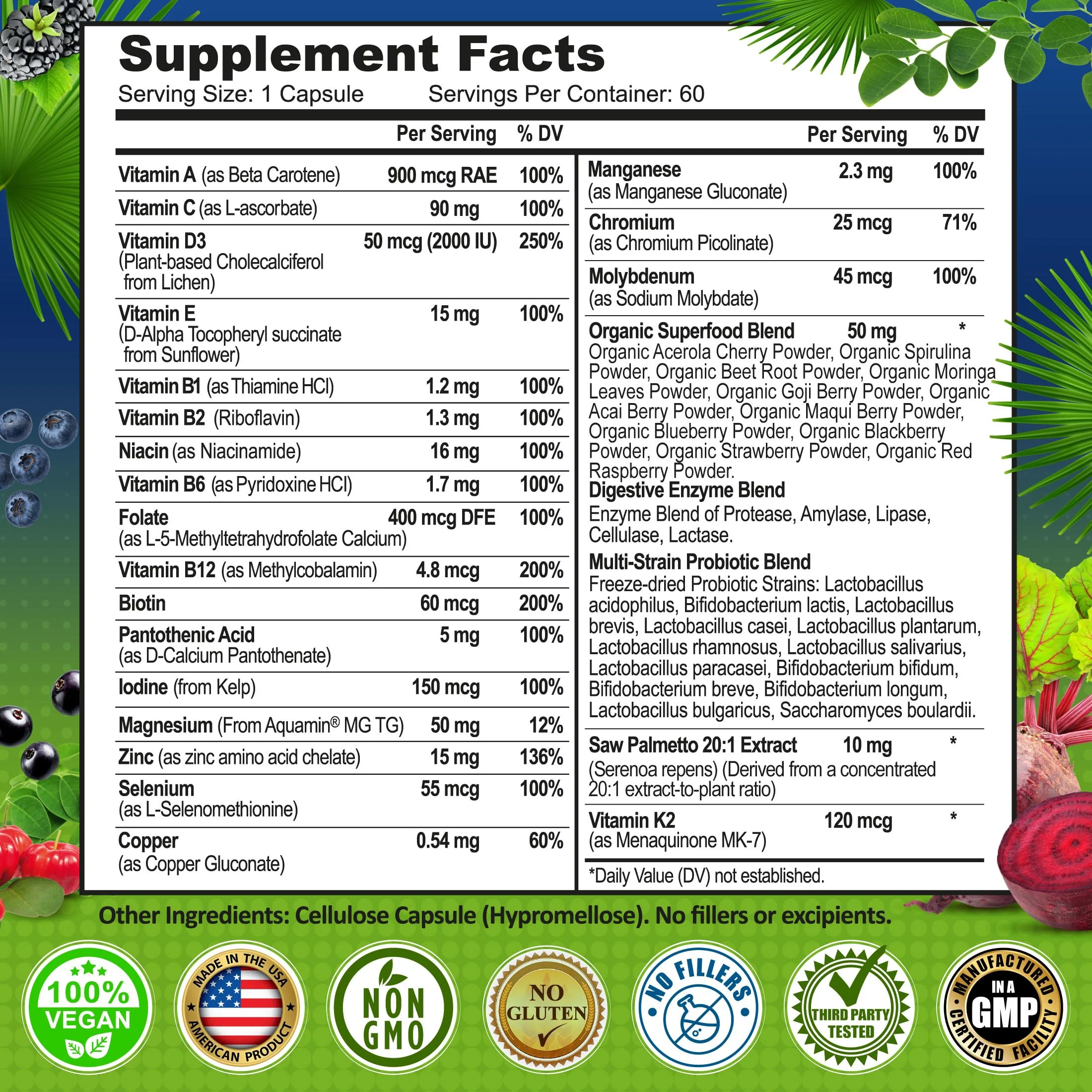 Men's Daily Multivitamin – Vegan Methylated Multivitamin for Men with Saw Palmetto, Biotin, Organic Superfoods, Probiotics & Enzymes – Energy, Gut & Optimal Health Support – Easy to Swallow Capsules - Image 6