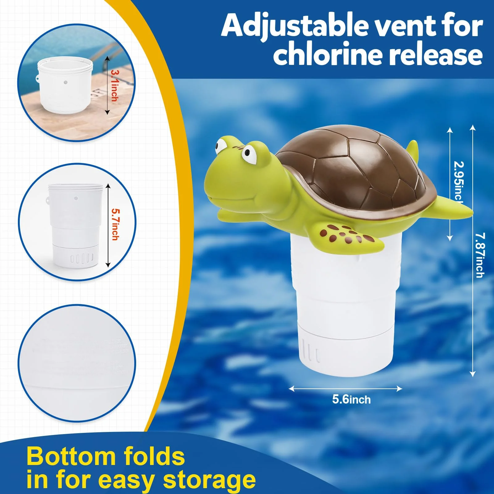 Merkia Pool Chlorine Floater, Large Capacity Floating Chlorine Dispenser Fits Up to 5 Pc 3-Inch Chemical Tablets, Heavy-Duty Plastic-Anti-Aging,Top Vacuum Design- Prevent sinkin (Turtle) - Image 2