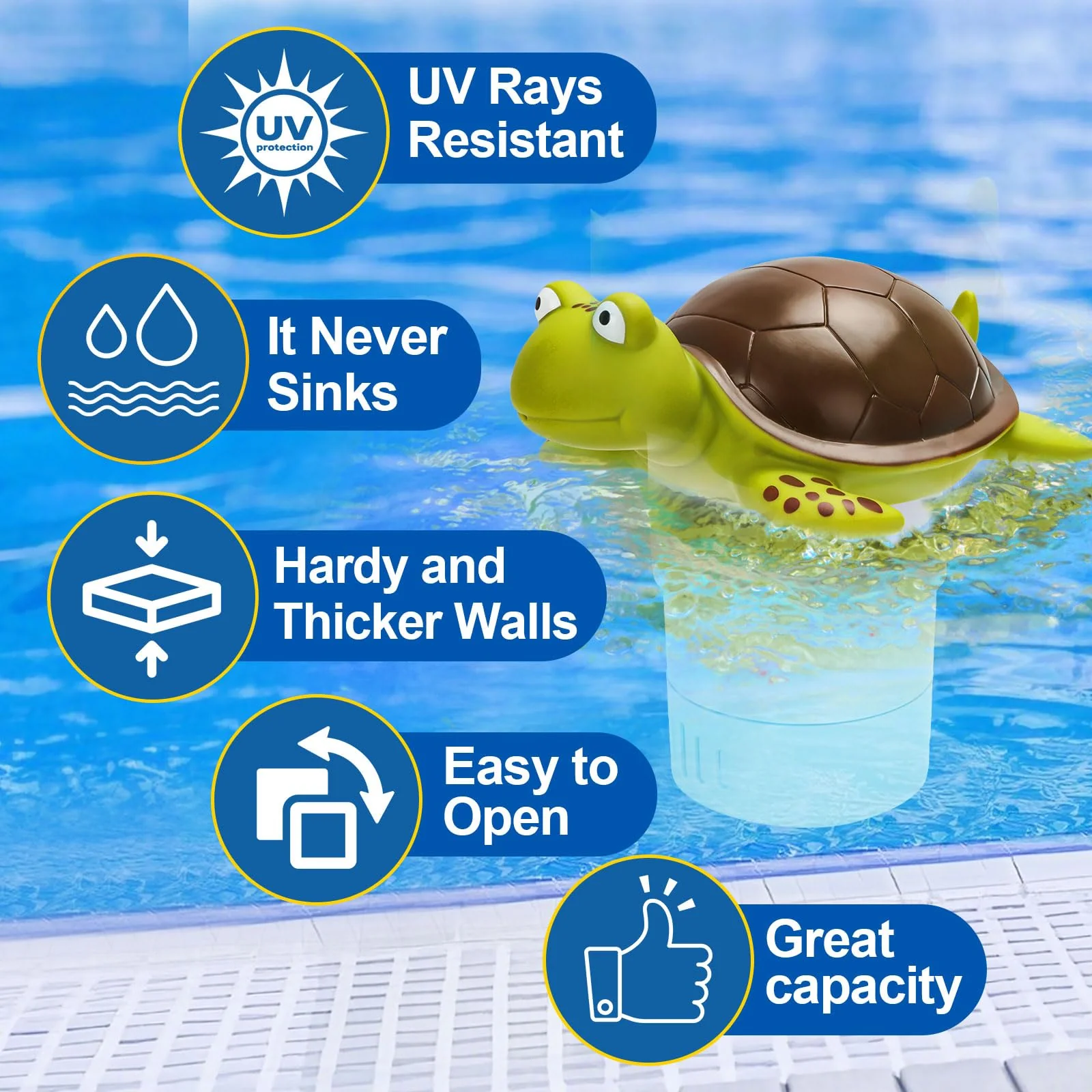 Merkia Pool Chlorine Floater, Large Capacity Floating Chlorine Dispenser Fits Up to 5 Pc 3-Inch Chemical Tablets, Heavy-Duty Plastic-Anti-Aging,Top Vacuum Design- Prevent sinkin (Turtle) - Image 4