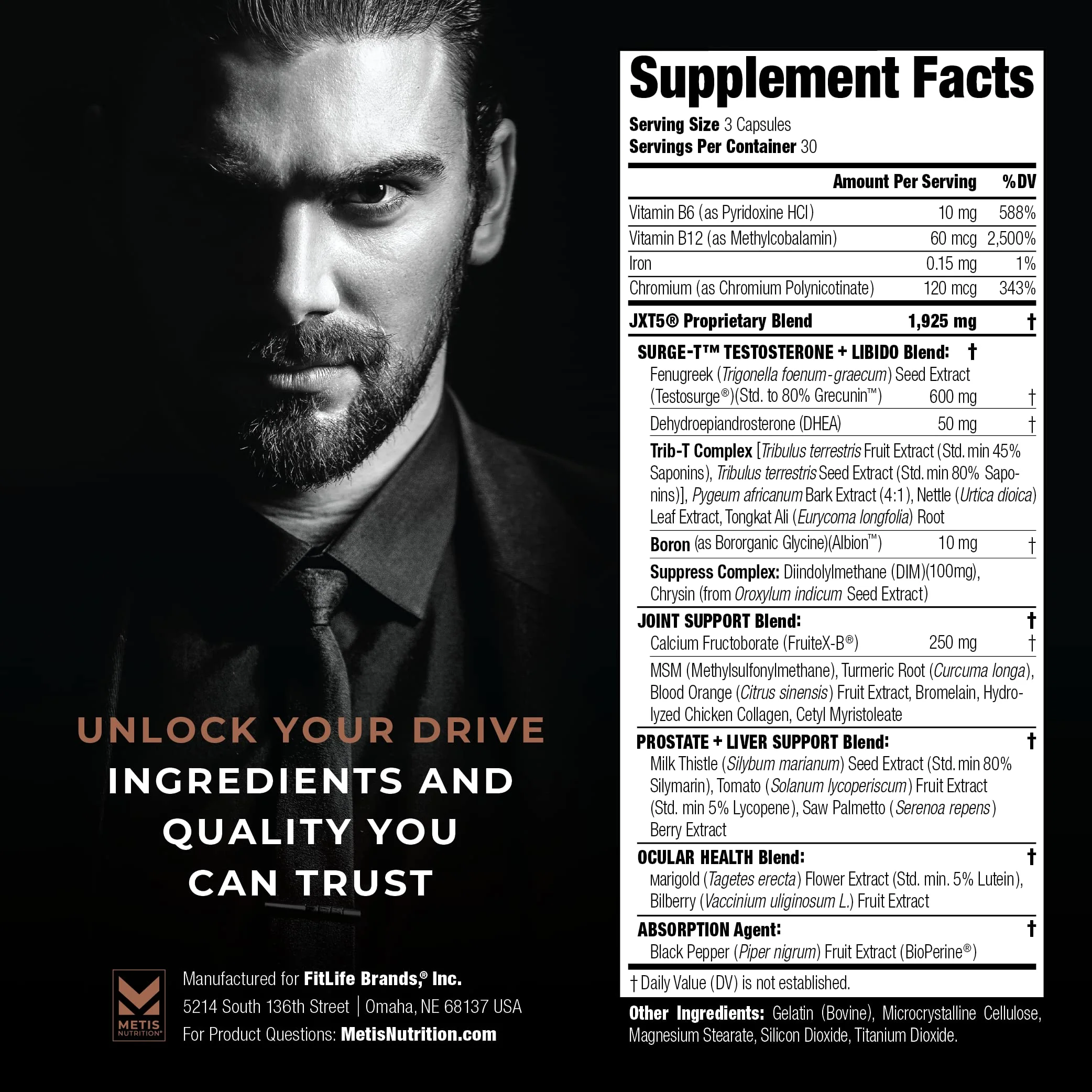 METISNutrition JXT5 Joint Health - 5-in-1 Men's Health Supplement to Libido, Prostate, and Vision - Test Boost, Joint Support, and Improve Energy (90 Capsules) - Image 3