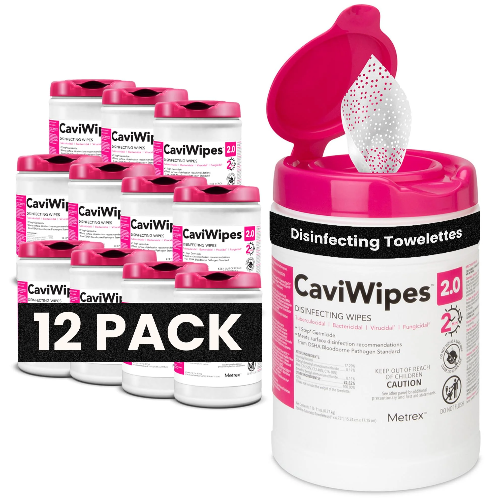Metrex – CaviWipes 2.0 Disinfecting Wipes for Healthcare, Dental & Clinical Use – Manual Pull, Pre-Moistened, Non-Sterile, Disposable 6" x 6.75" – 160 Wipes per Canister, 12 Canisters/Case