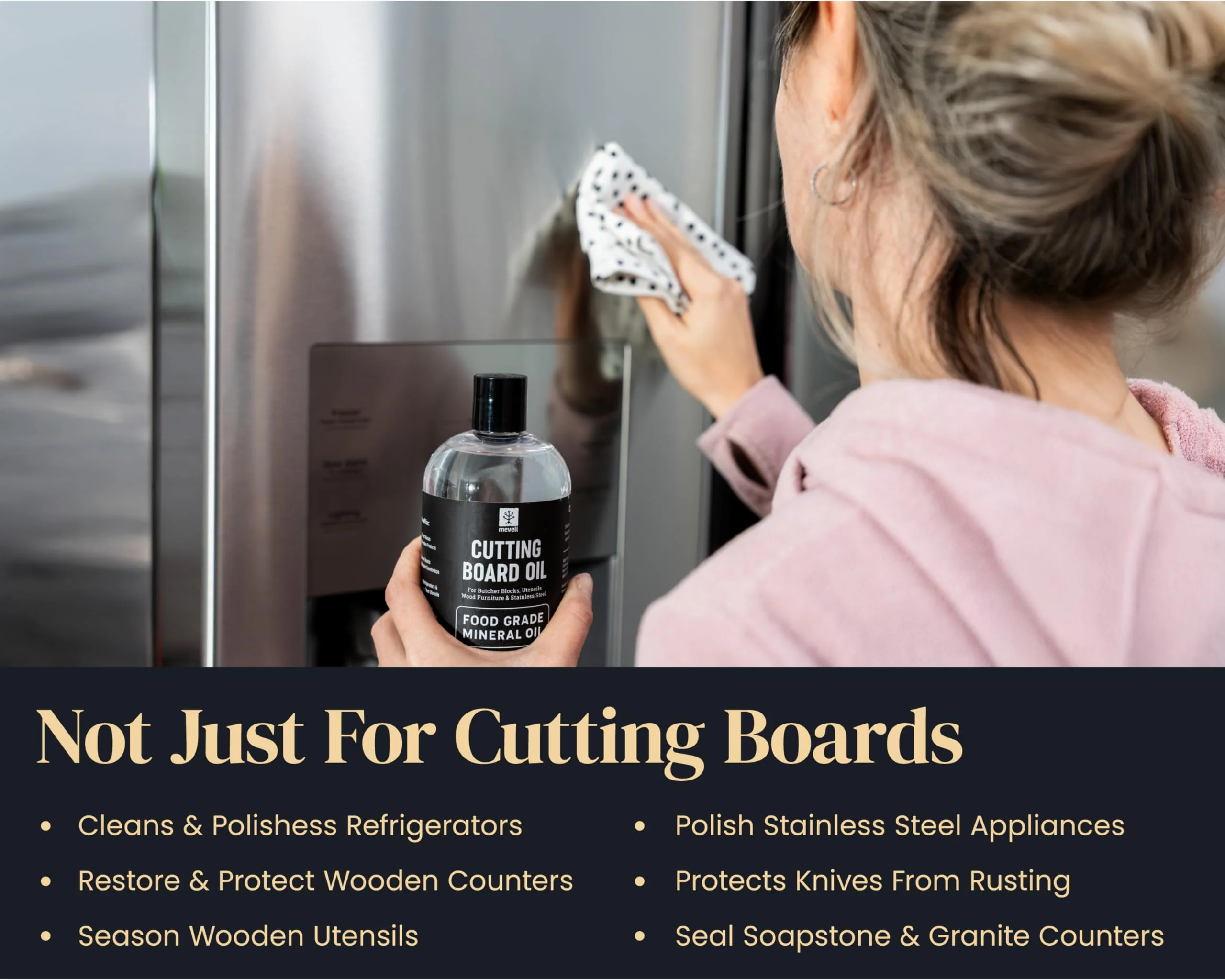 Mevell Food Grade Mineral Oil for Wood Cutting Board - 16oz, Food Safe USP Certified Cutting Board Oil & Butcher Block Conditioner for Bamboo Boards, Marble, Soapstone, Stainless Steel, Made in USA - Image 2