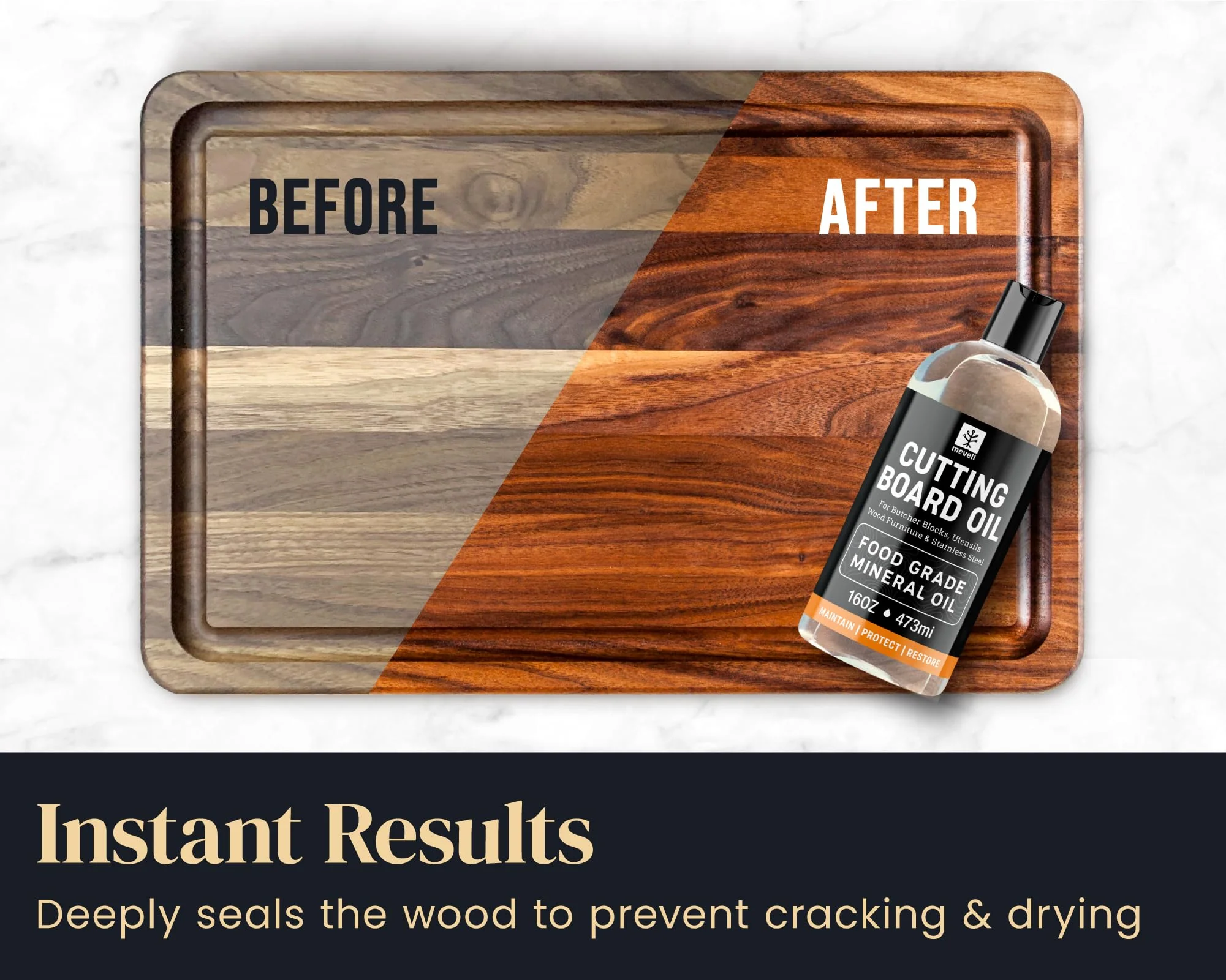 Mevell Food Grade Mineral Oil for Wood Cutting Board - 16oz, Food Safe USP Certified Cutting Board Oil & Butcher Block Conditioner for Bamboo Boards, Marble, Soapstone, Stainless Steel, Made in USA - Image 6