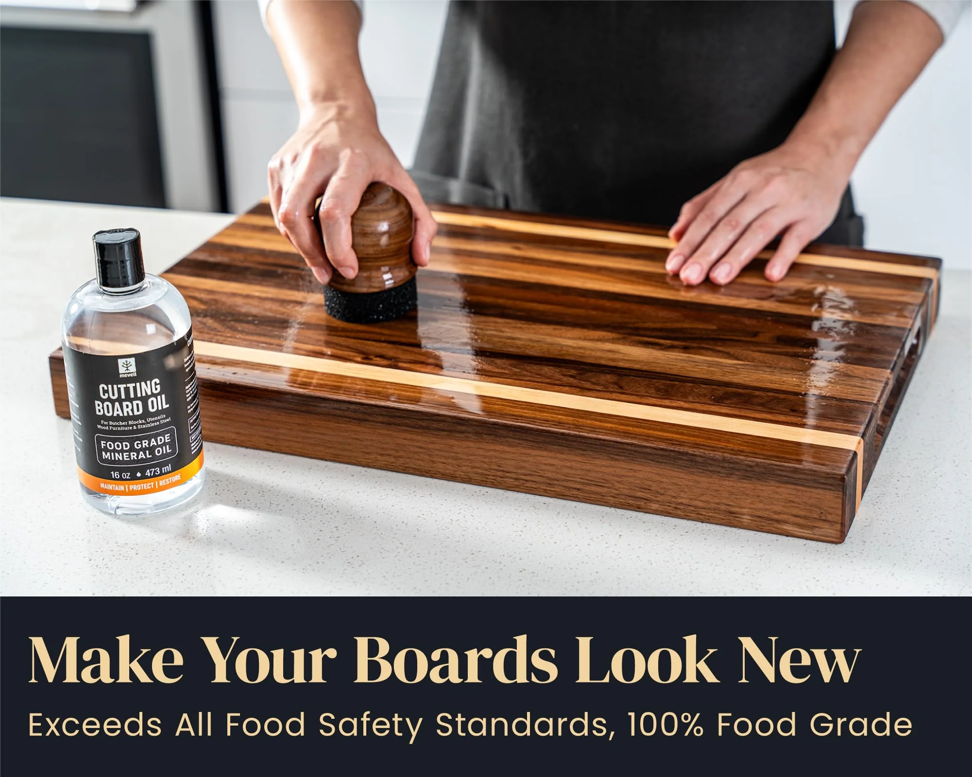 Mevell Food Grade Mineral Oil for Wood Cutting Board - 16oz, Food Safe USP Certified Cutting Board Oil & Butcher Block Conditioner for Bamboo Boards, Marble, Soapstone, Stainless Steel, Made in USA - Image 7