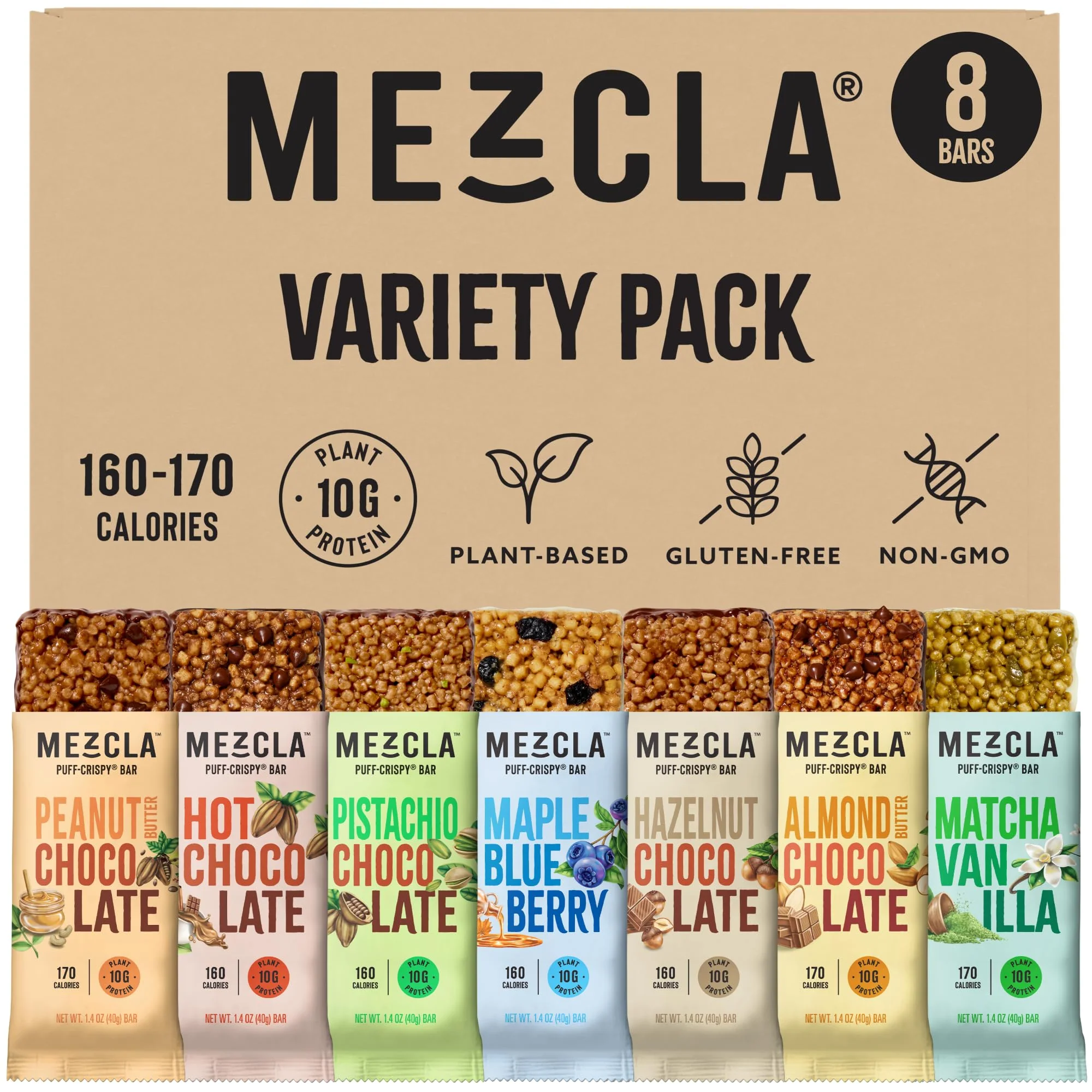 Mezcla Puff-Crispy Plant Based Protein Bars - Variety Pack - Healthy Snacks for Adults & Kids - Granola Bars for School, Travel, & Office Snacks - Gluten Free, Vegan, Non GMO, 10g Protein - 16 Count