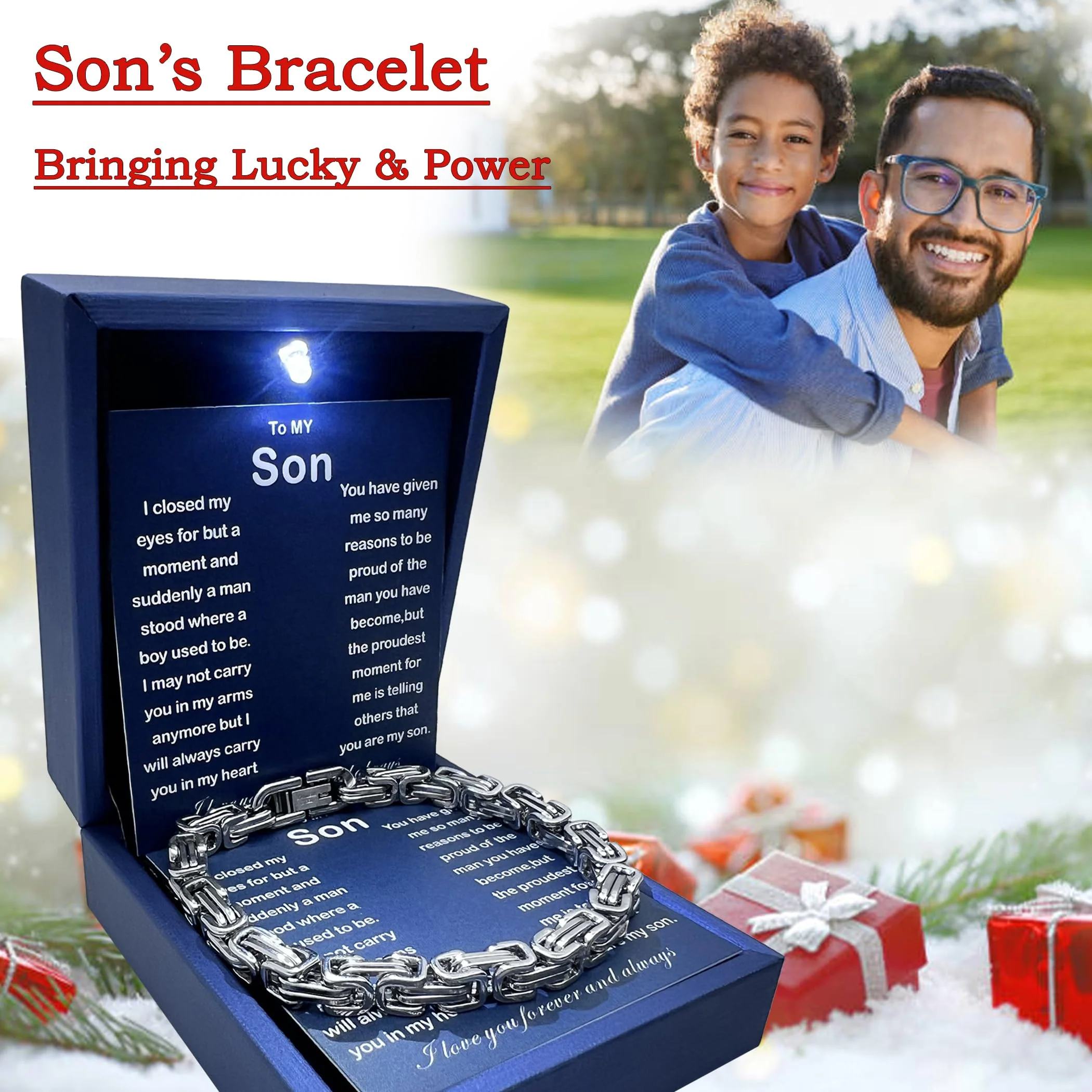 MGOOL To My Son Bracelet From Dad Son Gifts From Mom Graduation Birthday Christmas Father's Day Gifts Message Card���LED Gift Box (SB902 -Silver) - Image 6