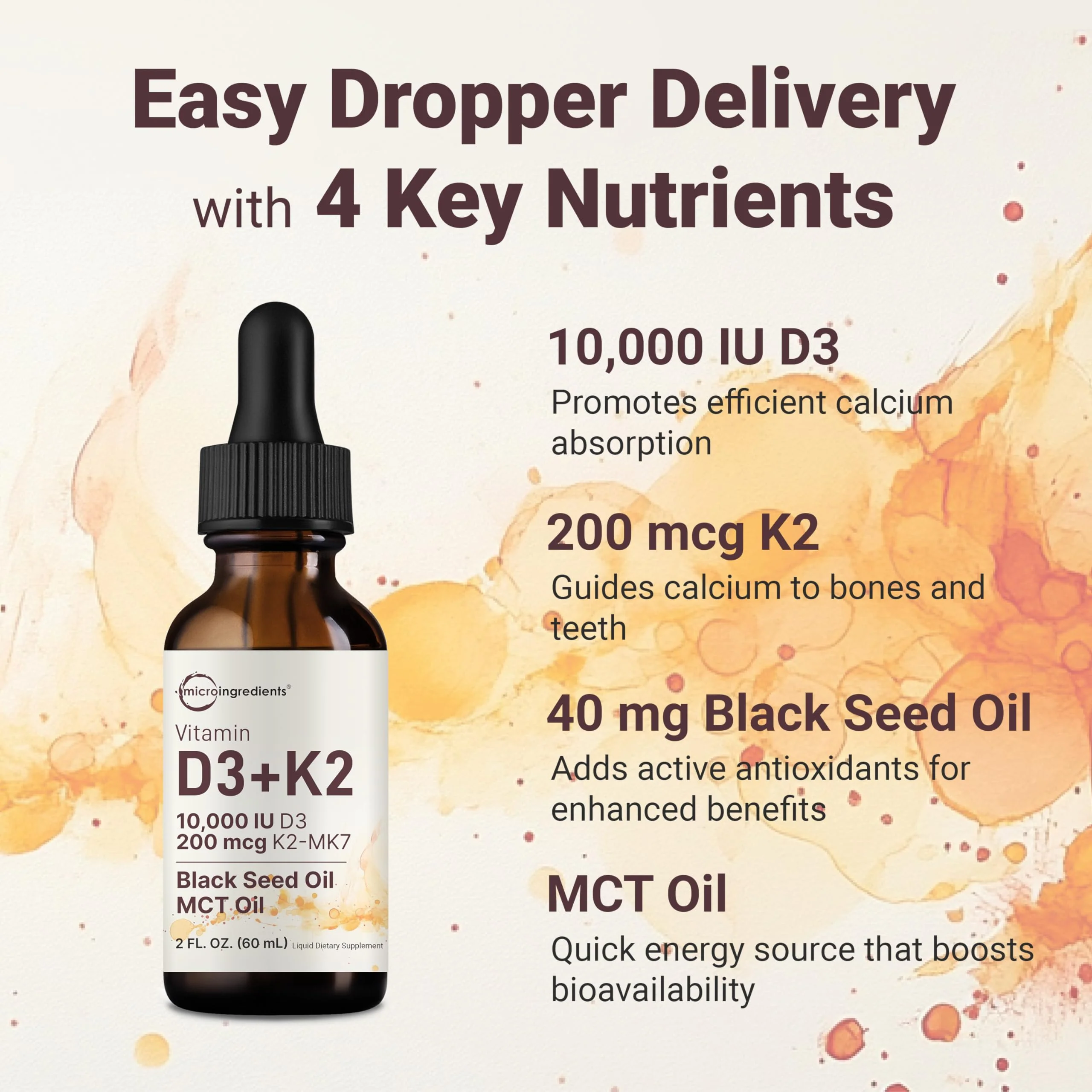 Micro Ingredients 2 Pack Vitamin D3 10000 iu + K2 (MK-7) 200 mcg Drops, 4 fl oz | Plus Black Seed & MCT Oil | 4-in-1 Bone, Immune, & Heart Health Support | Easy Absorption - Image 4