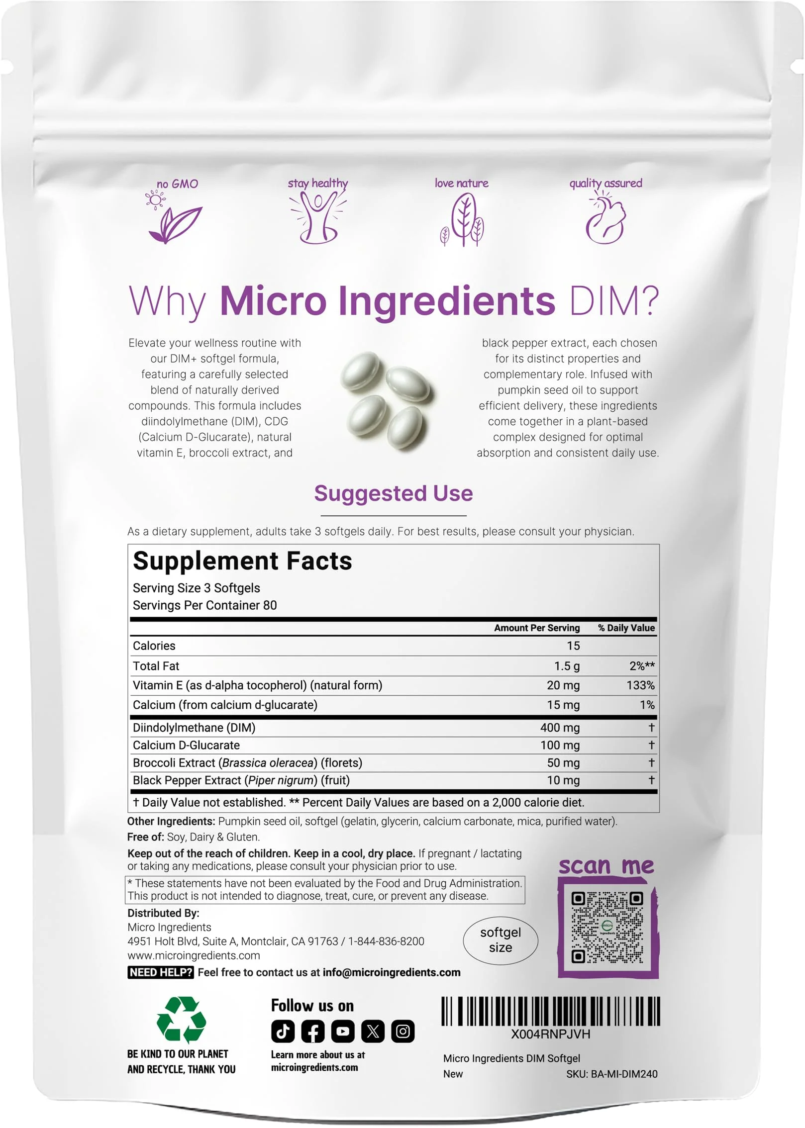 Micro Ingredients DIM+ Supplement 400mg for Men & Women | 240 Softgels with Pumpkin Seed Oil | Highly Bioavailable 7-in-1 Complex with Vitamin E, CDG, Broccoli & Black Pepper Extract - Image 6