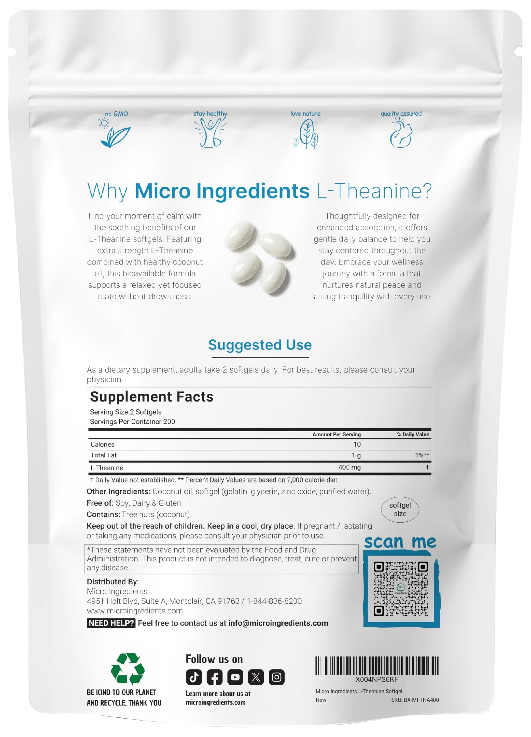 Micro Ingredients L-Theanine 400mg, 400 Softgels | Highly Bioavailable with Coconut Oil | Extra Strength Theanine Amino Acid | Calm & Relaxation Support + Focus Supplement | Non-GMO, Gluten Free - Image 6