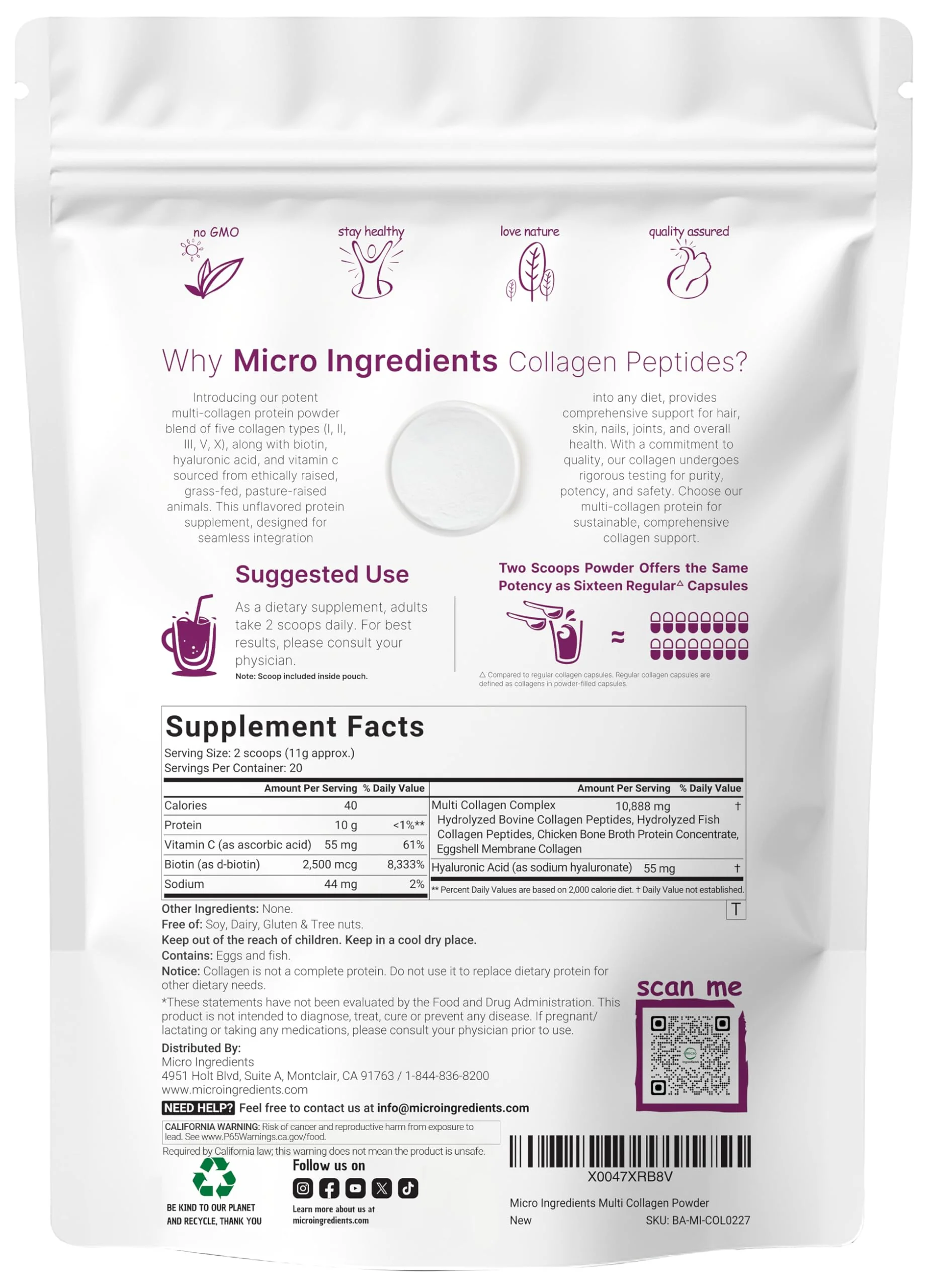 Micro Ingredients Multi Collagen Peptides Powder, 8oz – Hydrolyzed Type I,II,III,V,X with Biotin, Hyaluronic Acid, Vitamin C – Unflavored Collagen for Women & Men, Easy Dissolve, 20 Servings - Image 2