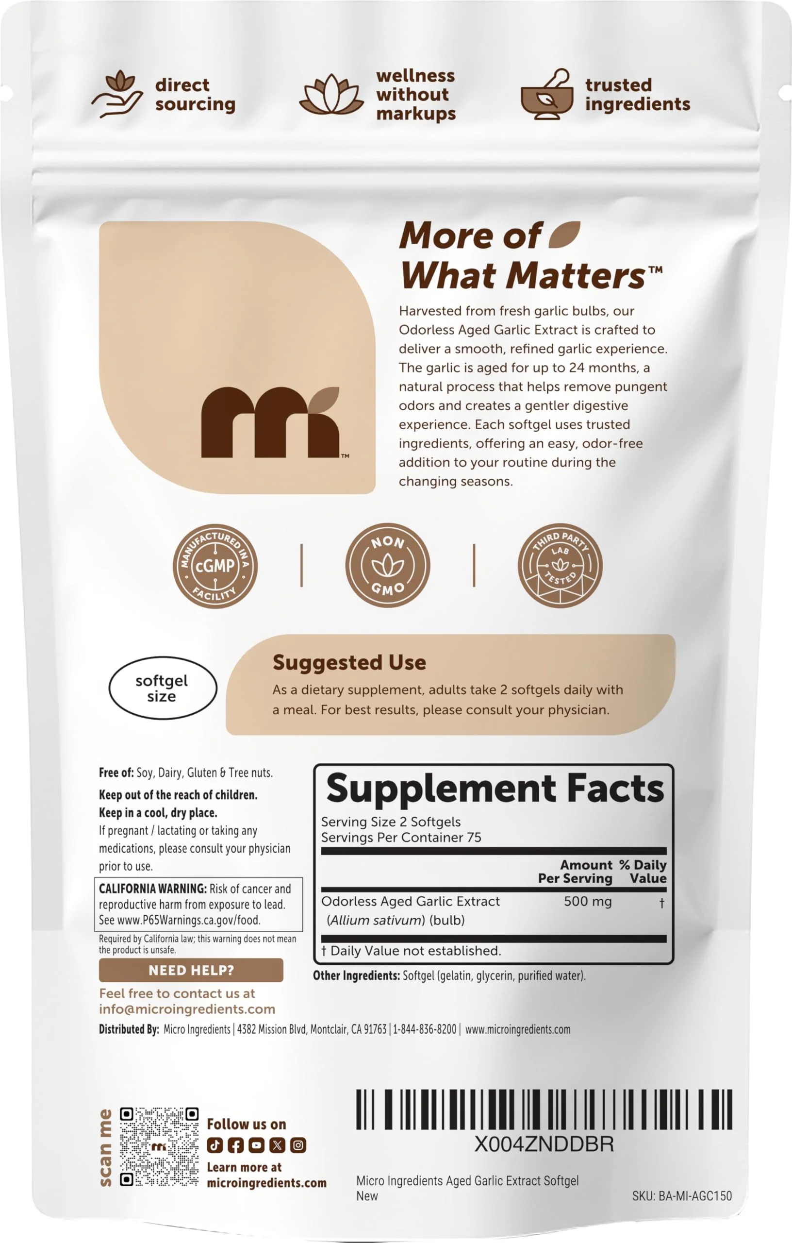 Micro Ingredients Odorless Garlic, 150 Softgels | 2 Years Aged Garlic Extract | Grown Allium Sativum Bulb | Natural Herbal Supplements | Non-GMO, Gluten Free - Image 6
