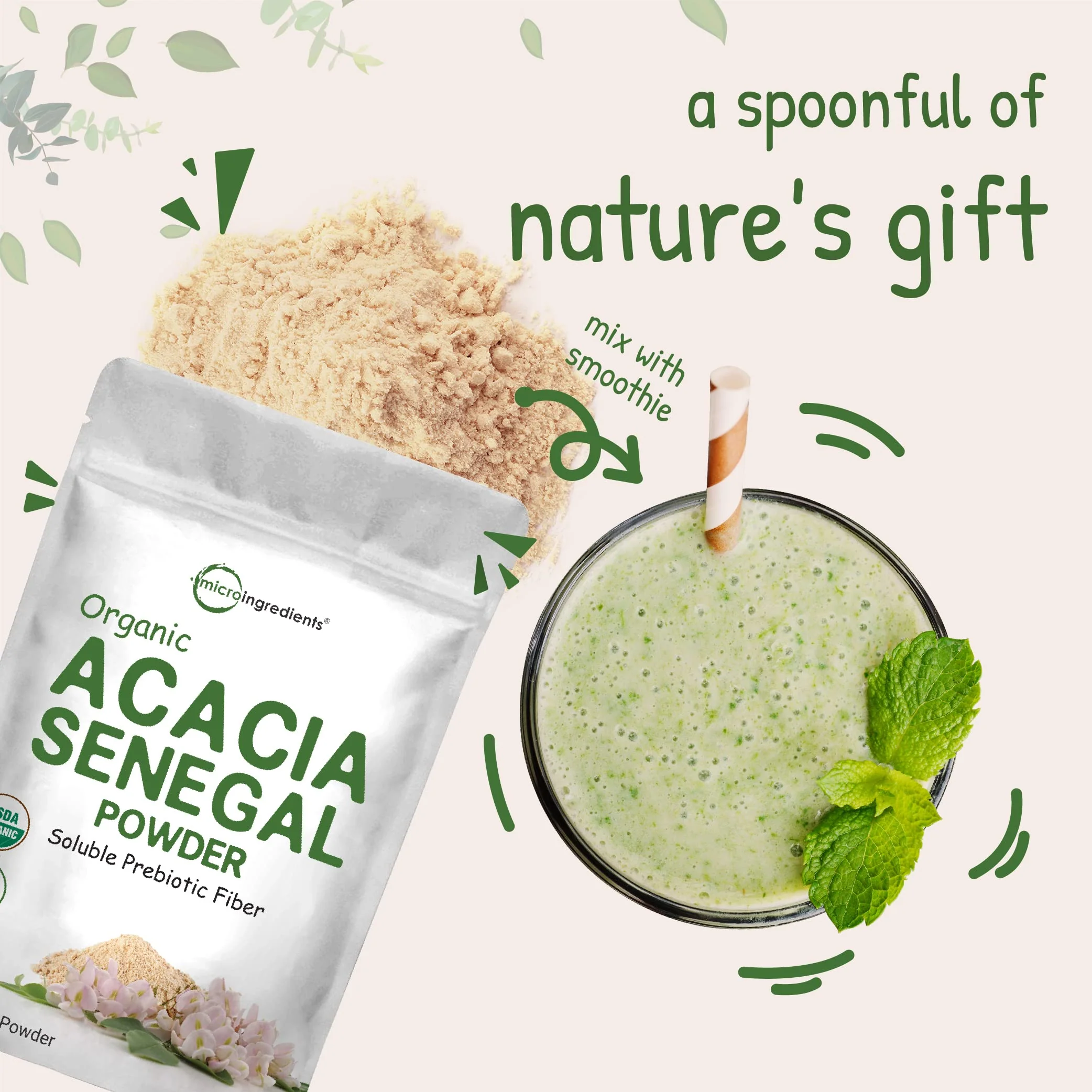 Micro Ingredients Organic Acacia Senegal Fiber Powder, 2 lb | Instant Soluble Fiber | Plant-Based Prebiotic for Gut & Digestive Health | Non-GMO, Gluten-Free, Vegan - Image 2