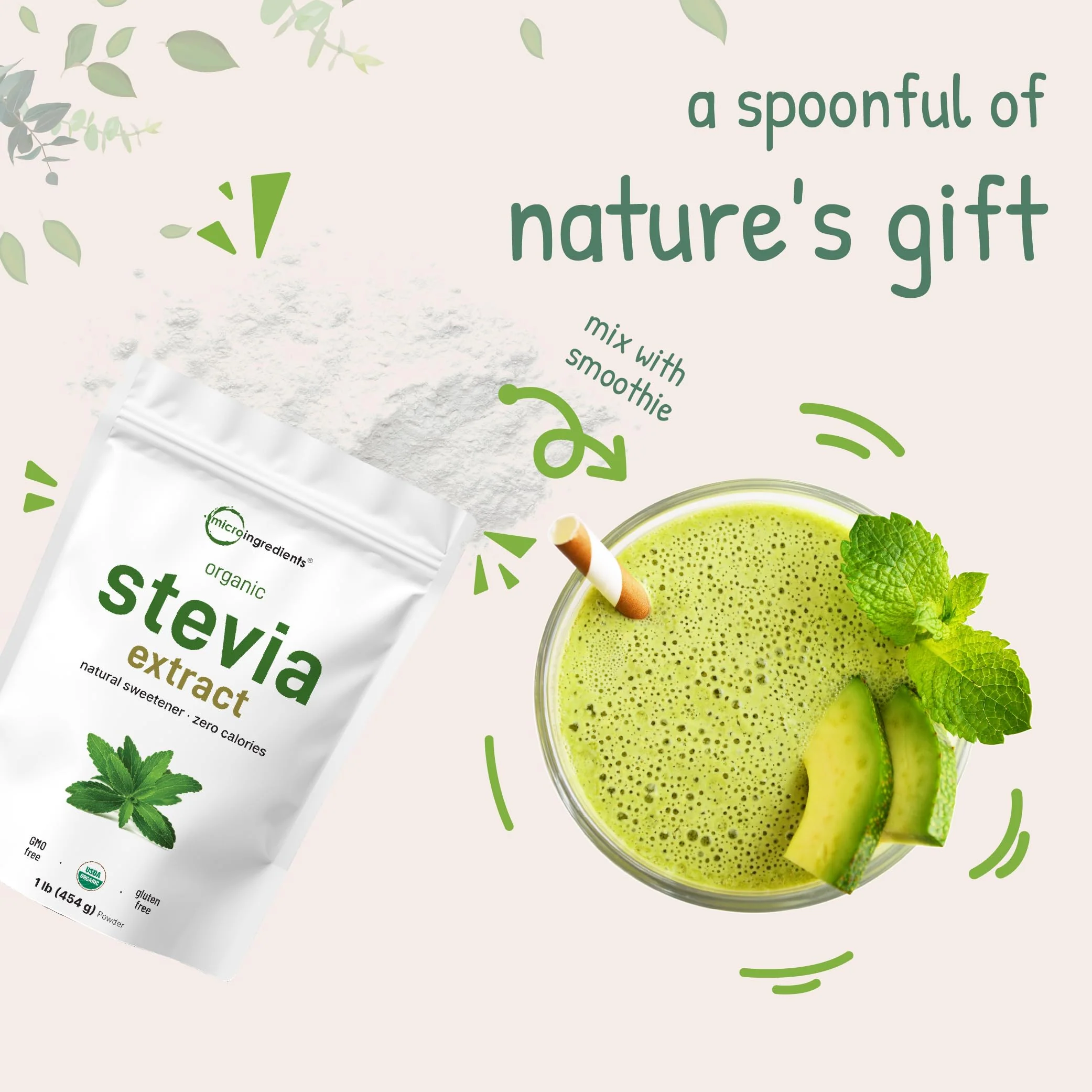 Micro Ingredients Pure Organic Stevia Powder, 1 Pound, 2,837 Servings, Highest Grade Stevia Green Leaf Extract Reb-A, Reduced Bitter Aftertaste, 0 Calorie, Natural Sweetener, Sugar Alternative, Keto Friendly