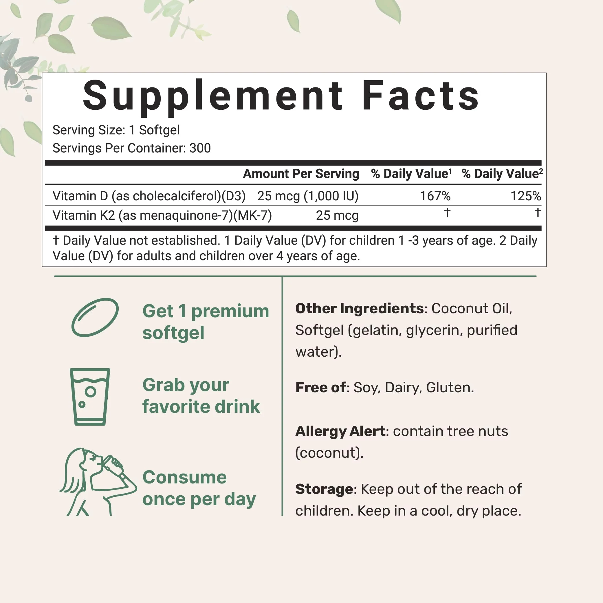 Micro Ingredients Vitamin D3 1,000 IU + K2 MK-7 25 mcg, 300 Softgels | Virgin Coconut Oil | 2-in-1 Bone, Immune & Heart Support | Easy to Swallow, Non-GMO - Image 6