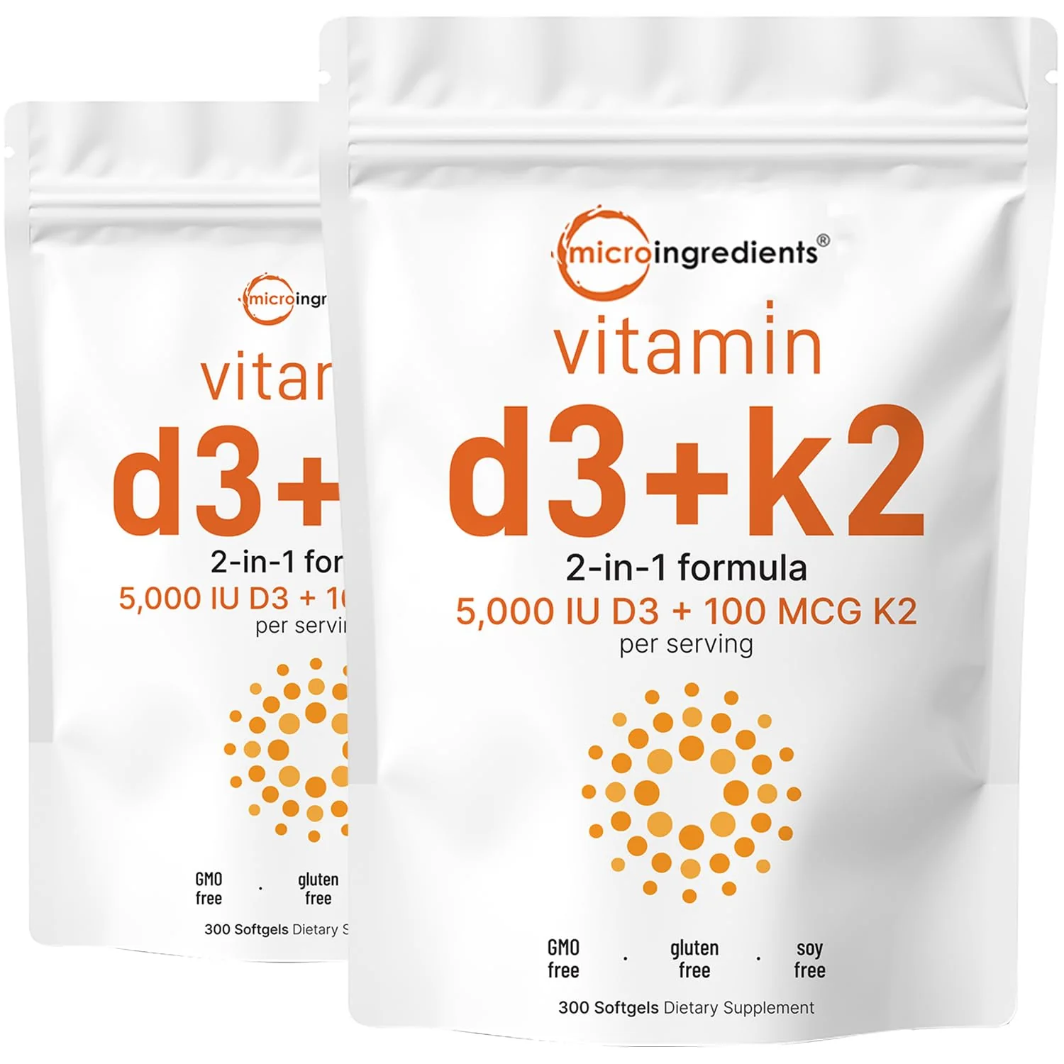 Micro Ingredients Vitamin D3 5,000 IU + K2 MK-7 100 mcg, 2 Pack (600 Softgels) | Liquid-Filled with Sunflower Oil | 2-in-1 Vitamins D & K Complex | Extra Strength, Easy to Swallow, Non-GMO, No Gluten