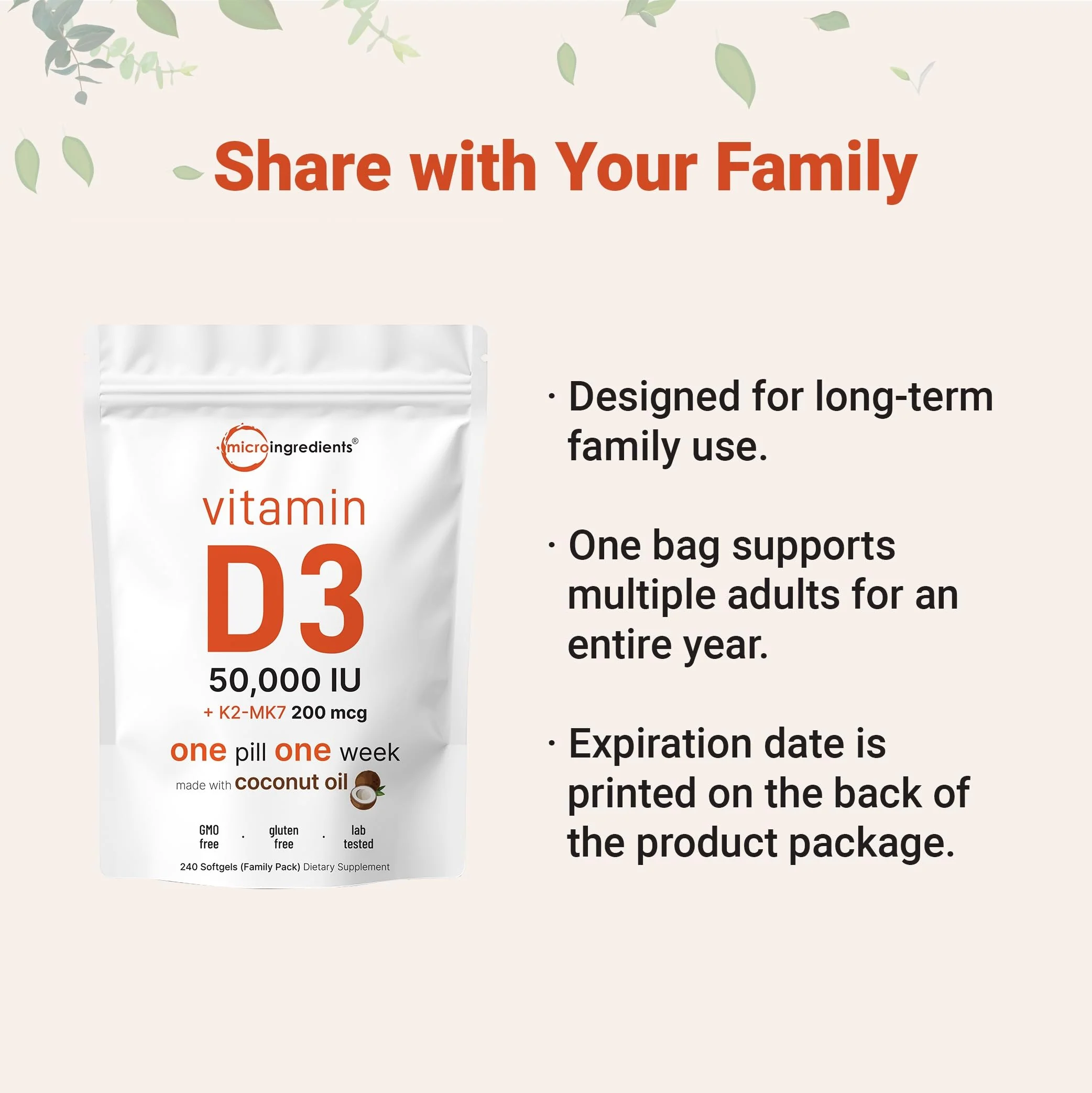 Micro Ingredients Vitamin D3 50,000 IU + K2 MK-7 200 mcg, 240 Softgels | Virgin Coconut Oil | 2-in-1 Support | Easy to Swallow, Non-GMO - Image 6