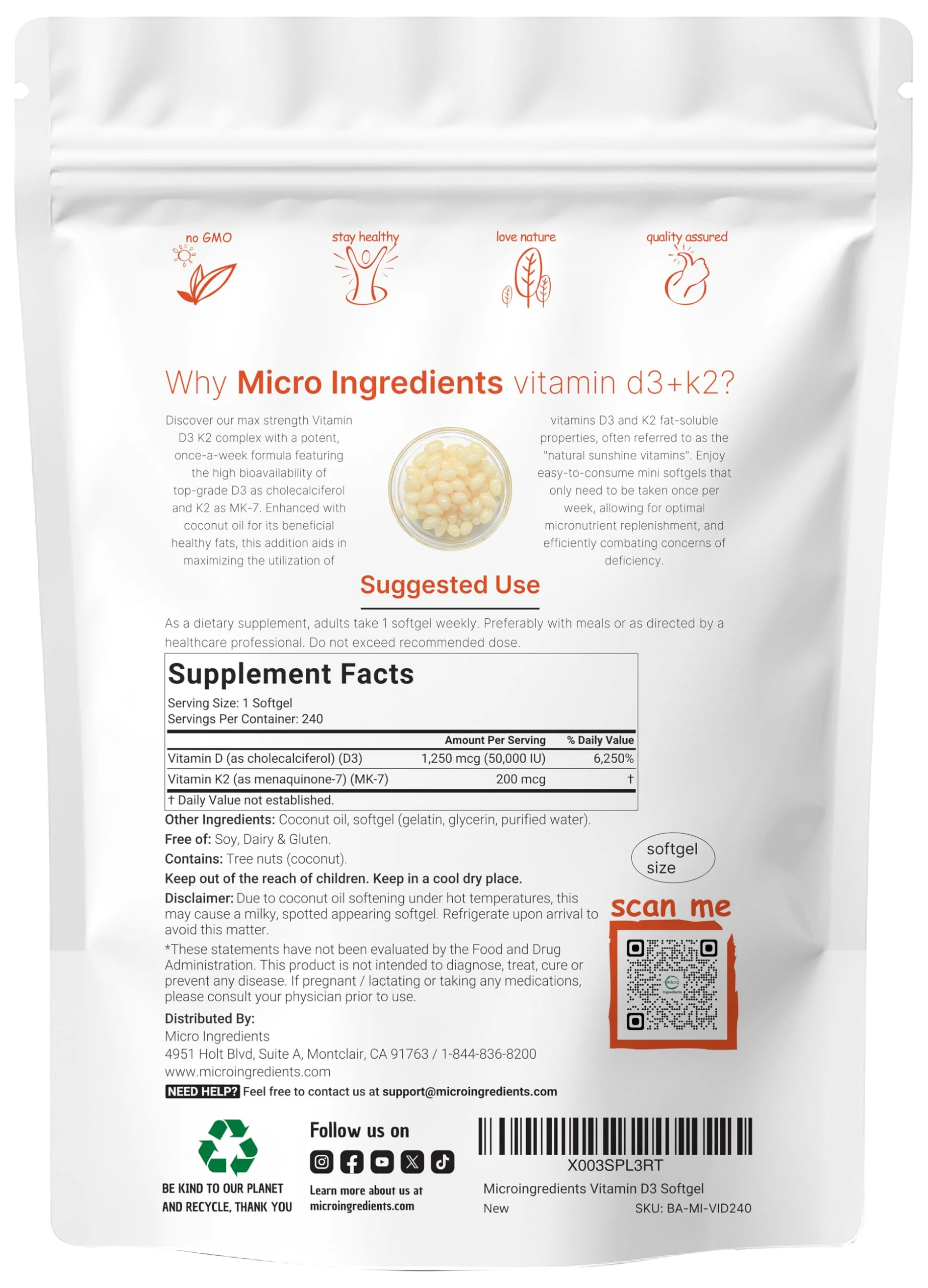 Micro Ingredients Vitamin D3 50,000 IU + K2 MK-7 200 mcg, 240 Softgels | Virgin Coconut Oil | 2-in-1 Support | Easy to Swallow, Non-GMO - Image 7