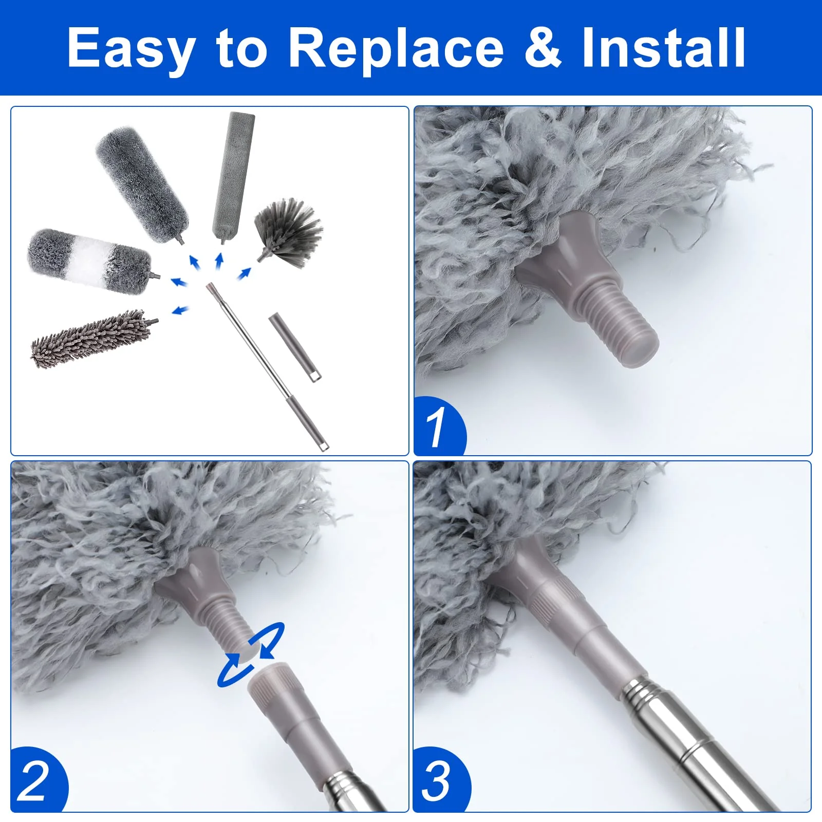 Microfiber Duster Kit (11PCS) - Washable Dusters with Extension Pole (30 to 100 in) for Cleaning Ceilings, Fans, Furniture - Image 6