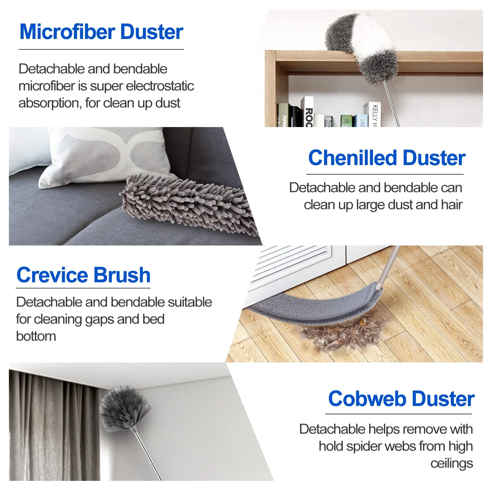Microfiber Duster Kit (11PCS) - Washable Dusters with Extension Pole (30 to 100 in) for Cleaning Ceilings, Fans, Furniture - Image 7