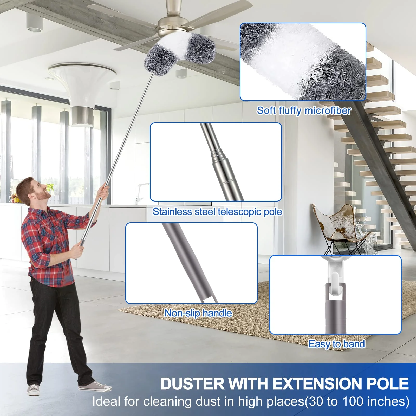 Microfiber Duster Kit (11PCS) - Washable Dusters with Extension Pole (30 to 100 in) for Cleaning Ceilings, Fans, Furniture - Image 8