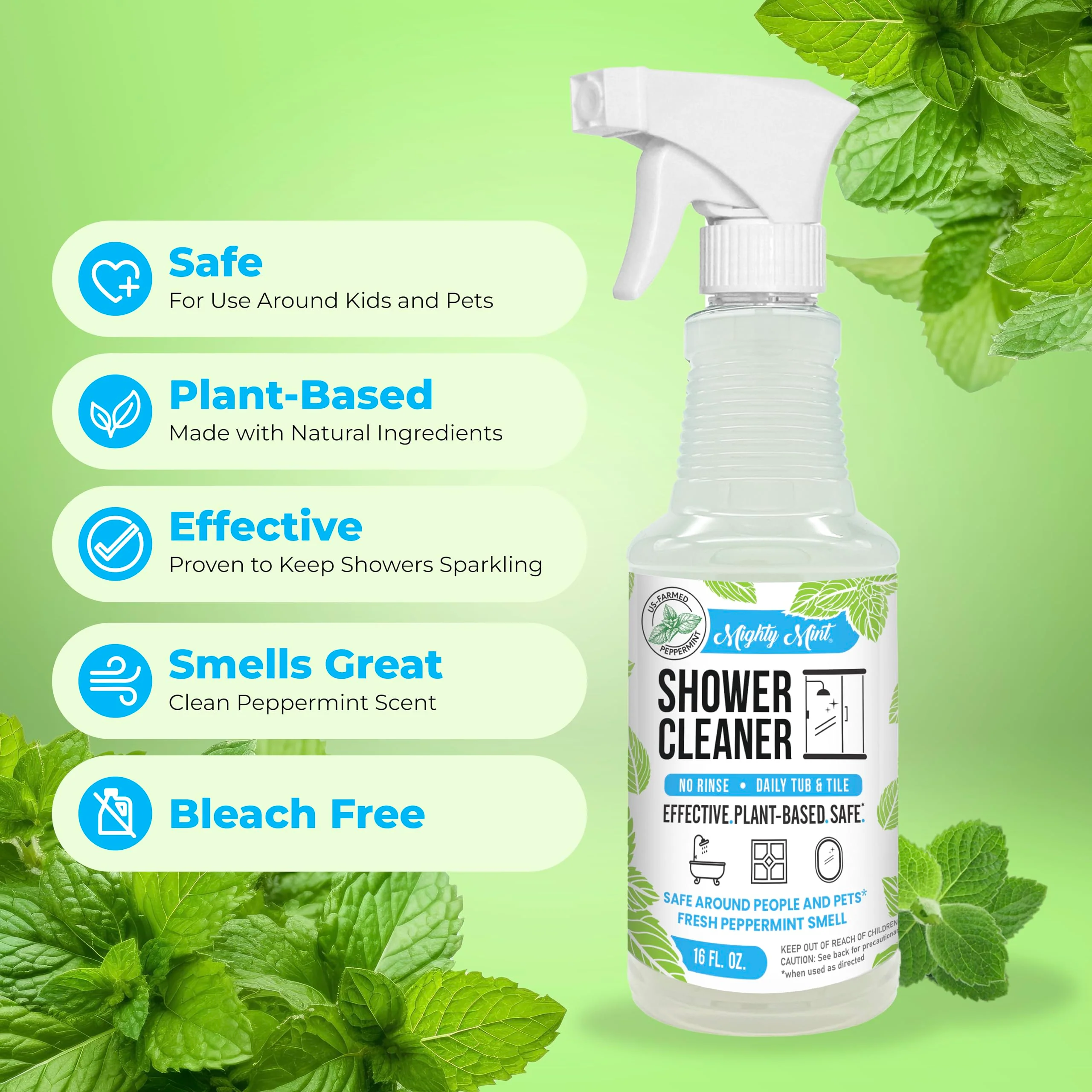 Mighty Mint Daily Shower Cleaner Spray – No Rinse, No Scrub Solution for Glass, Tile & Grout – Plant Based Formula with Peppermint Scent - 16 oz. - Image 6