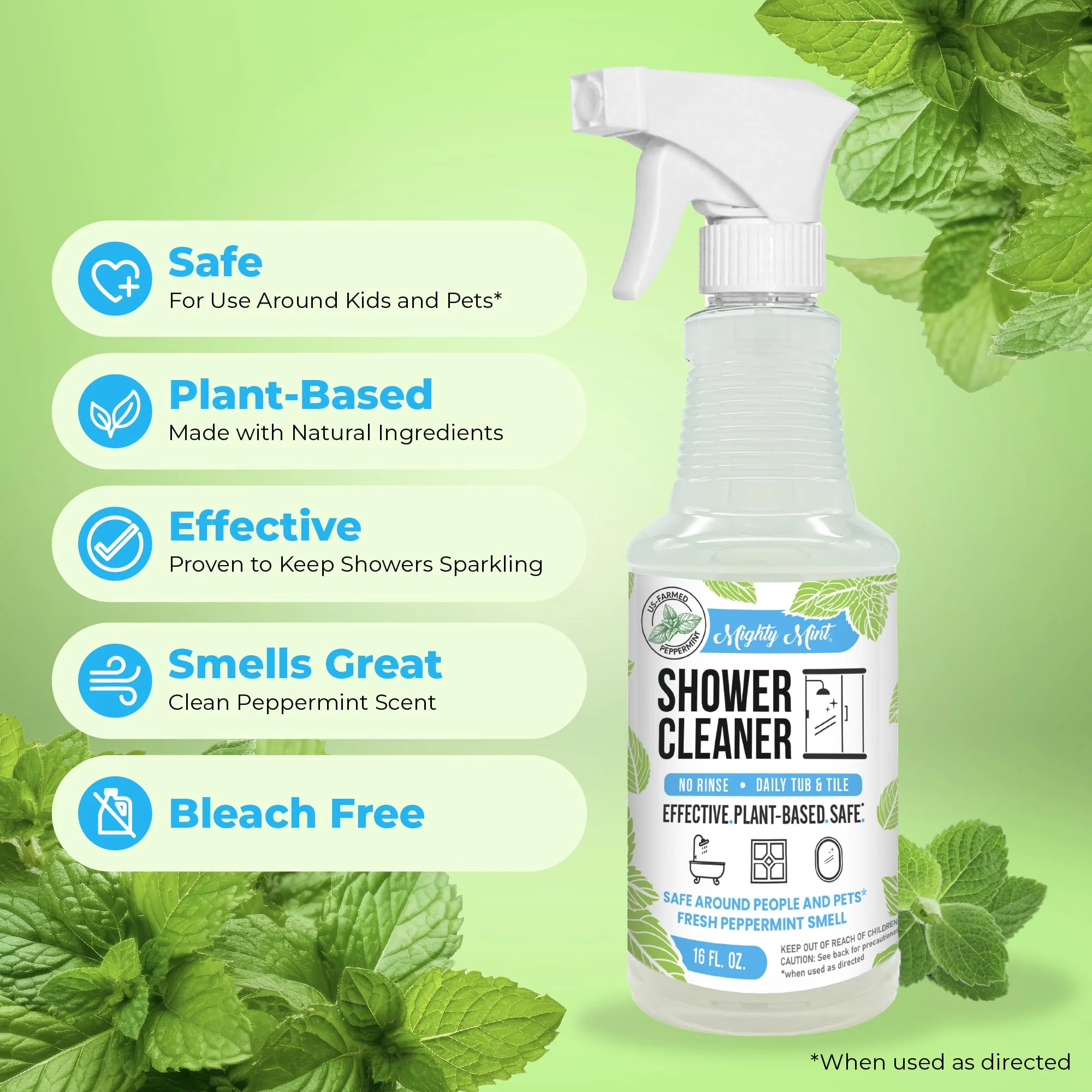 Mighty Mint Shower Cleaner, No-Rinse, No-Scrub, Daily Spray for Glass, Tile, Grout, Natural Peppermint Scent, 16oz - 2 Pack - Image 3