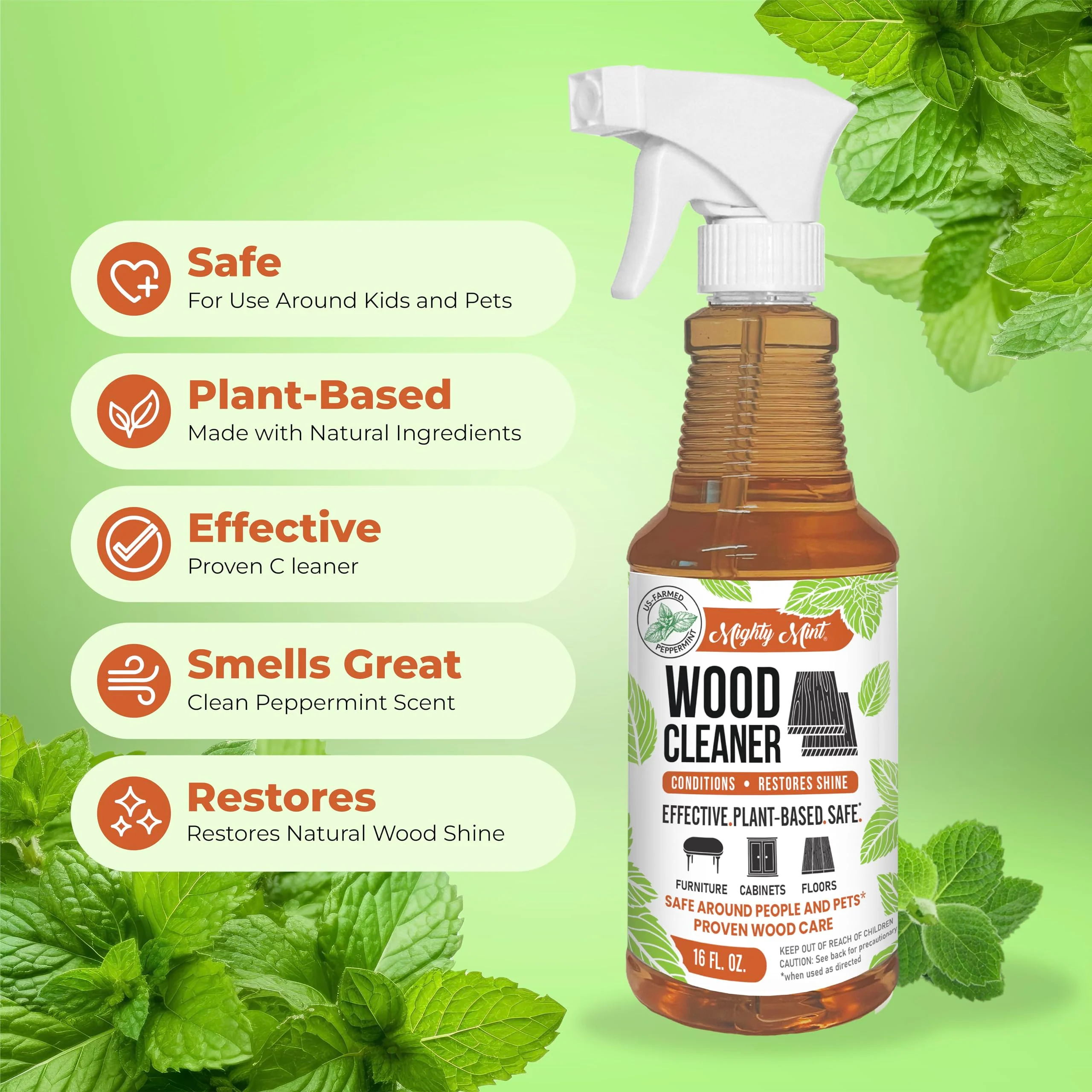 Mighty Mint Wood Cleaner & Conditioner Spray – Plant-Based Formula Cleans, Polishes & Renews Wood Furniture, Cabinets & Floors – Peppermint Scent, 16 oz - Image 4