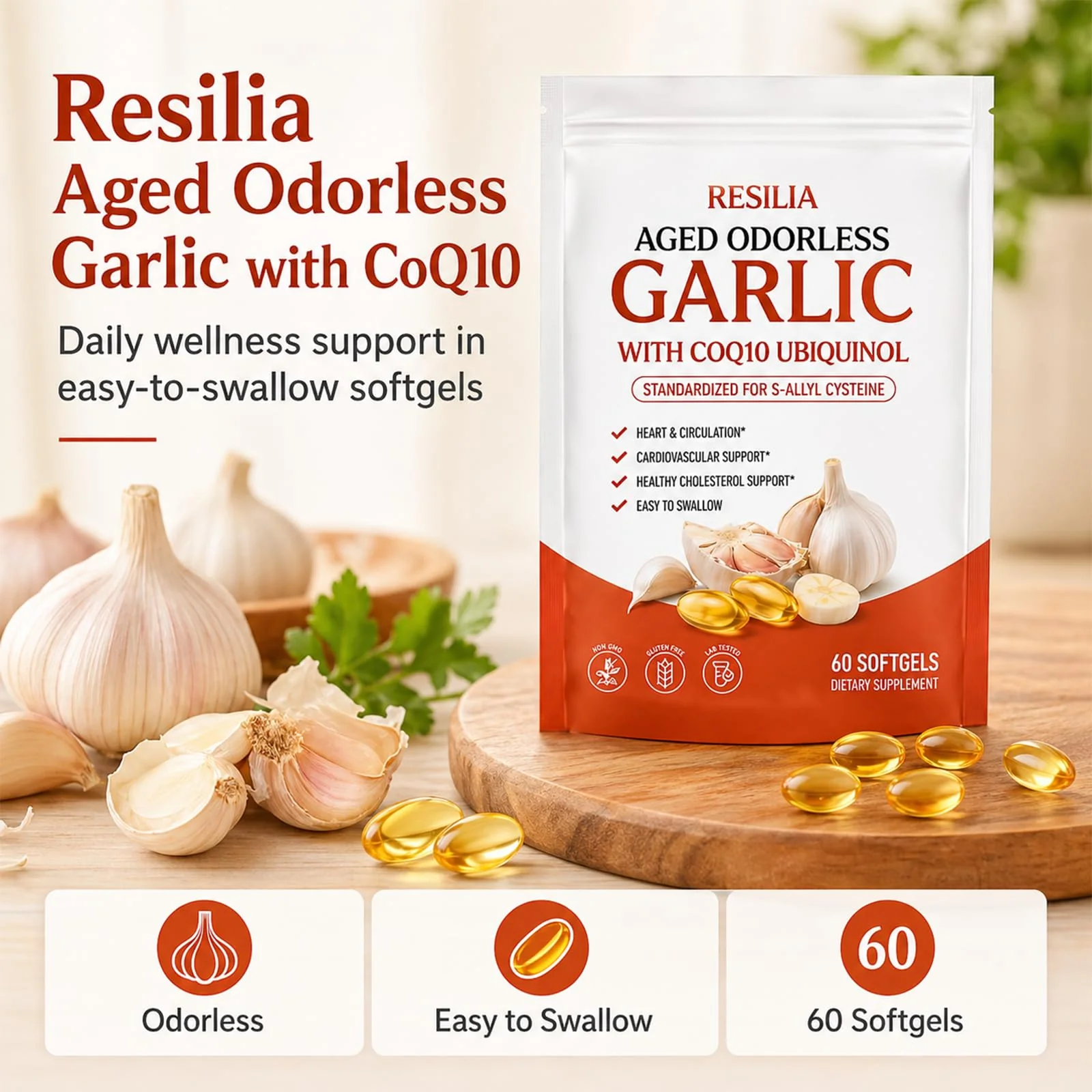 MiloLabCo Resilia Aged Garlic Extract Softgels with CoQ10 Ubiquinol, Odorless 2-Year Matured Garlic Supplement, Non-GMO, 60 Softgels - Image 2