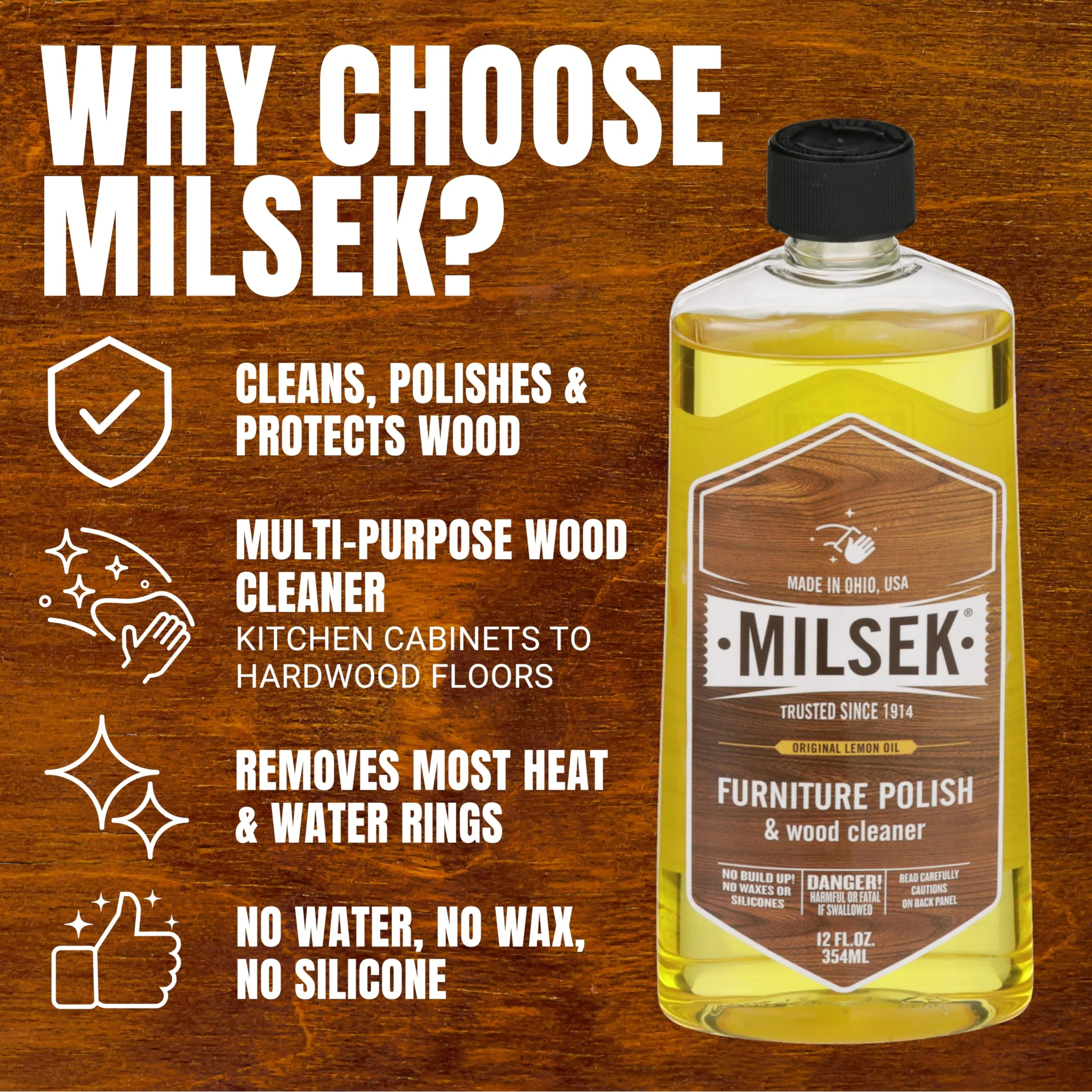 Milsek Furniture Polish and Wood Cleaner with Lemon Oil - Multipurpose Solution for Home Improvement from Hardwood Floors to Kitchen Cabinets - 12 Fl Oz (Pack of 4) - Image 4