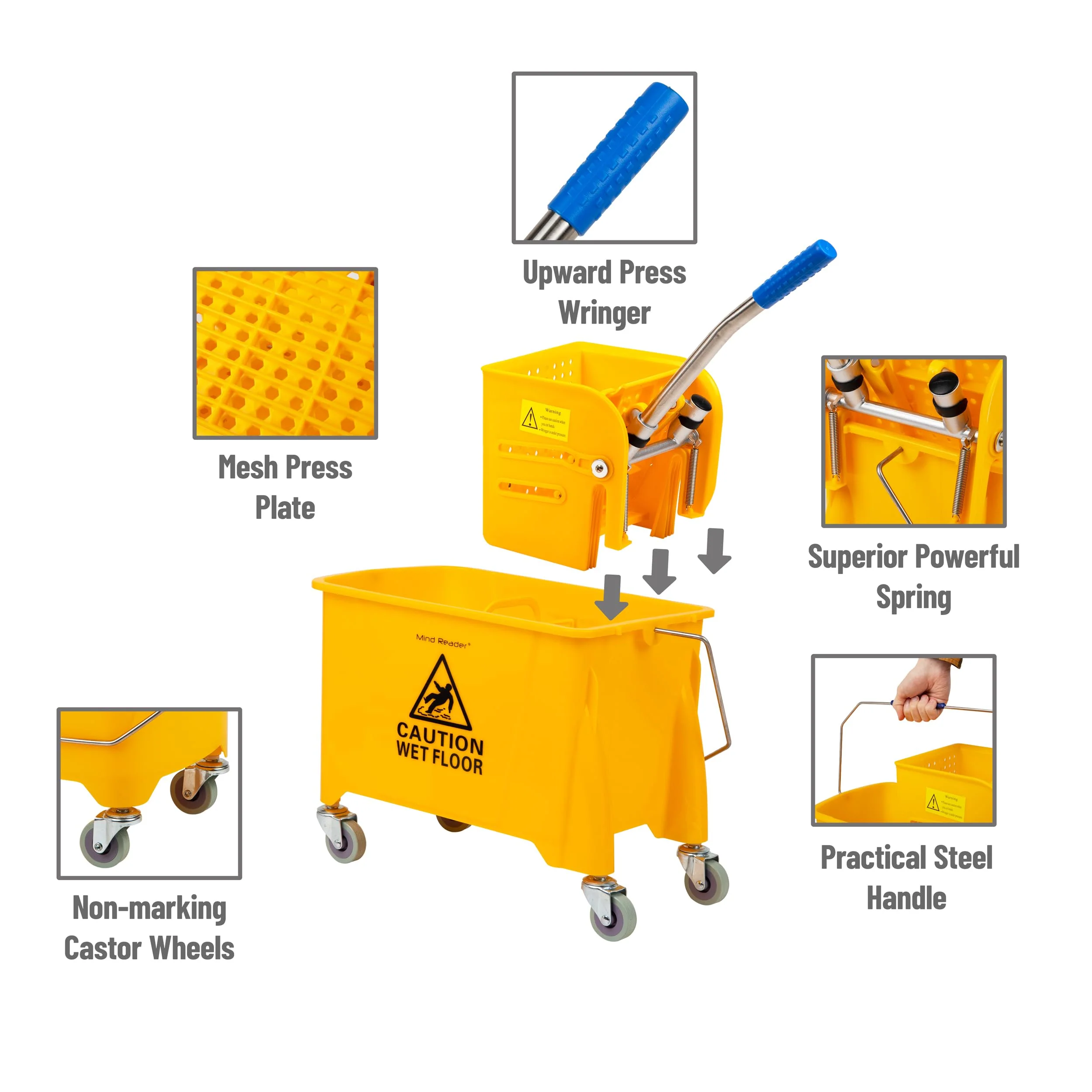Mind Reader Mop Bucket with Wringer (Mop Not Included), 5.5 Gallon Cleaning Bucket with Wheels and Handle, Upward Press Wringer, Small Mop Compatible, Yellow - Image 4