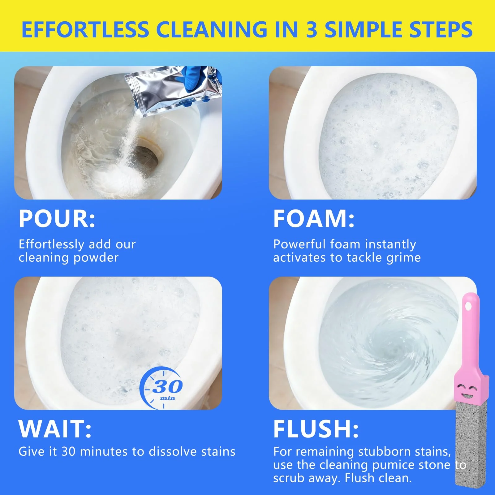MineeCozee Foaming Toilet Bowl Cleaner Powder: Self-Activating Foam Toilet Cleaner for Deep Cleaning - Stain Remover for Bathroom (400g) - Image 3
