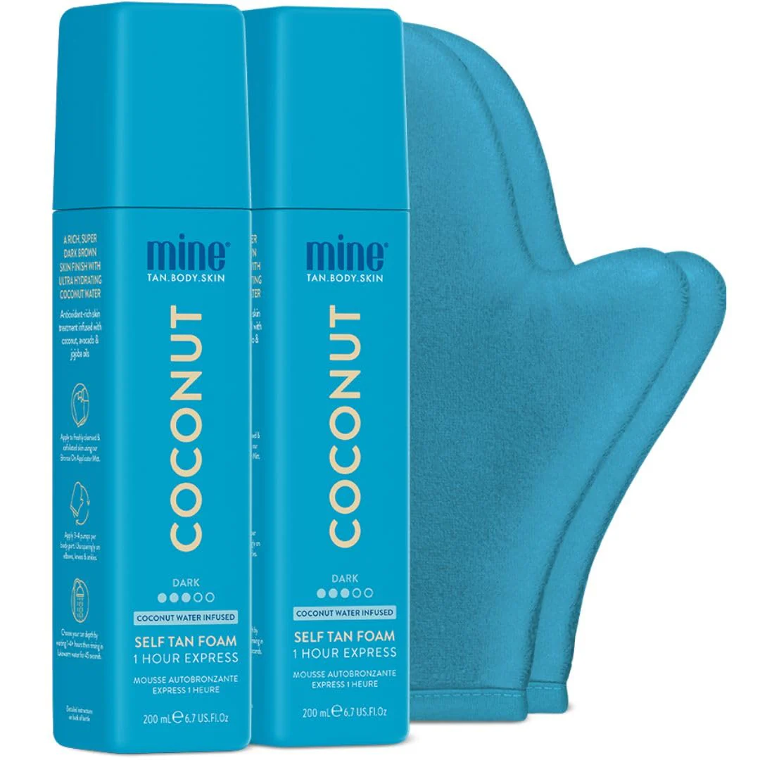 MineTan Coconut Duo Self Tan Bundle | Express 1 Hour - Includes 2 Coconut Sunless Tanner Mousses, Application Mitt, & Exfoliating Glove for Tan Removal & Prep