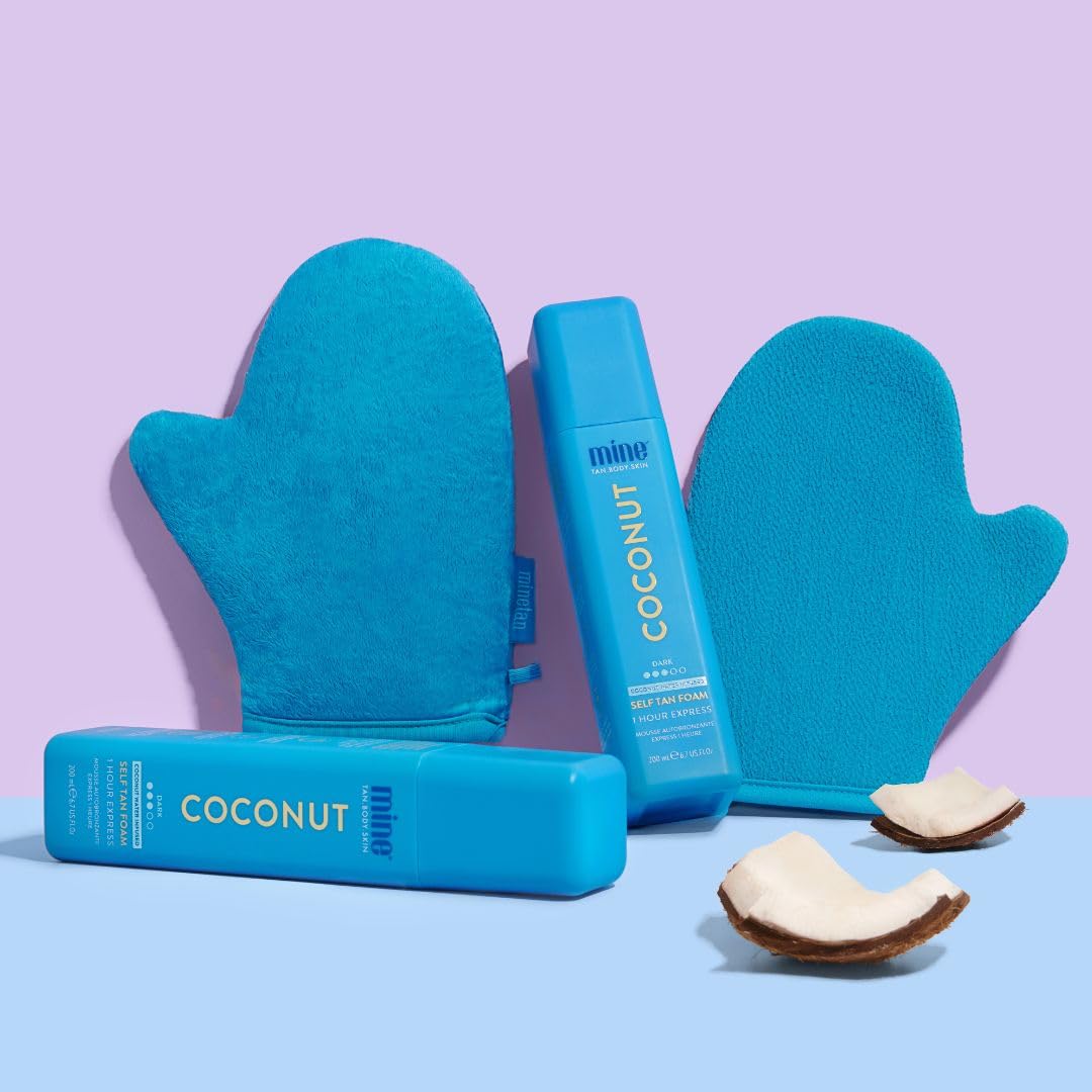 MineTan Coconut Duo Self Tan Bundle | Express 1 Hour - Includes 2 Coconut Sunless Tanner Mousses, Application Mitt, & Exfoliating Glove for Tan Removal & Prep - Image 4