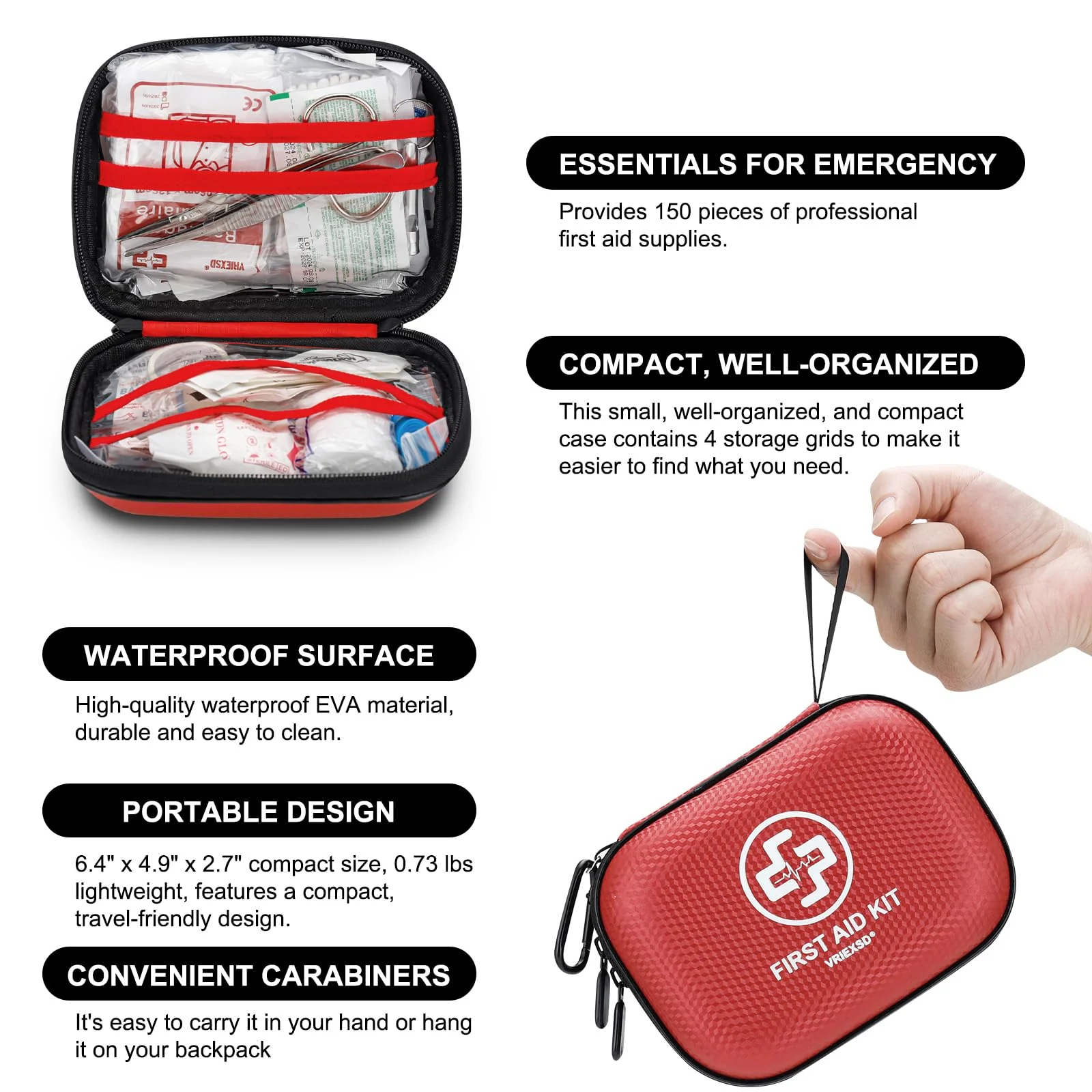 Mini First Aid Kit - 150 Piece Small Waterproof Hard Shell Medical Kit for Home, Car, Travel, Camping, Truck, Hiking, Sports, Office, Vehicle & Outdoor Emergencies- Small First Aid Medical Kit (Red) - Image 4