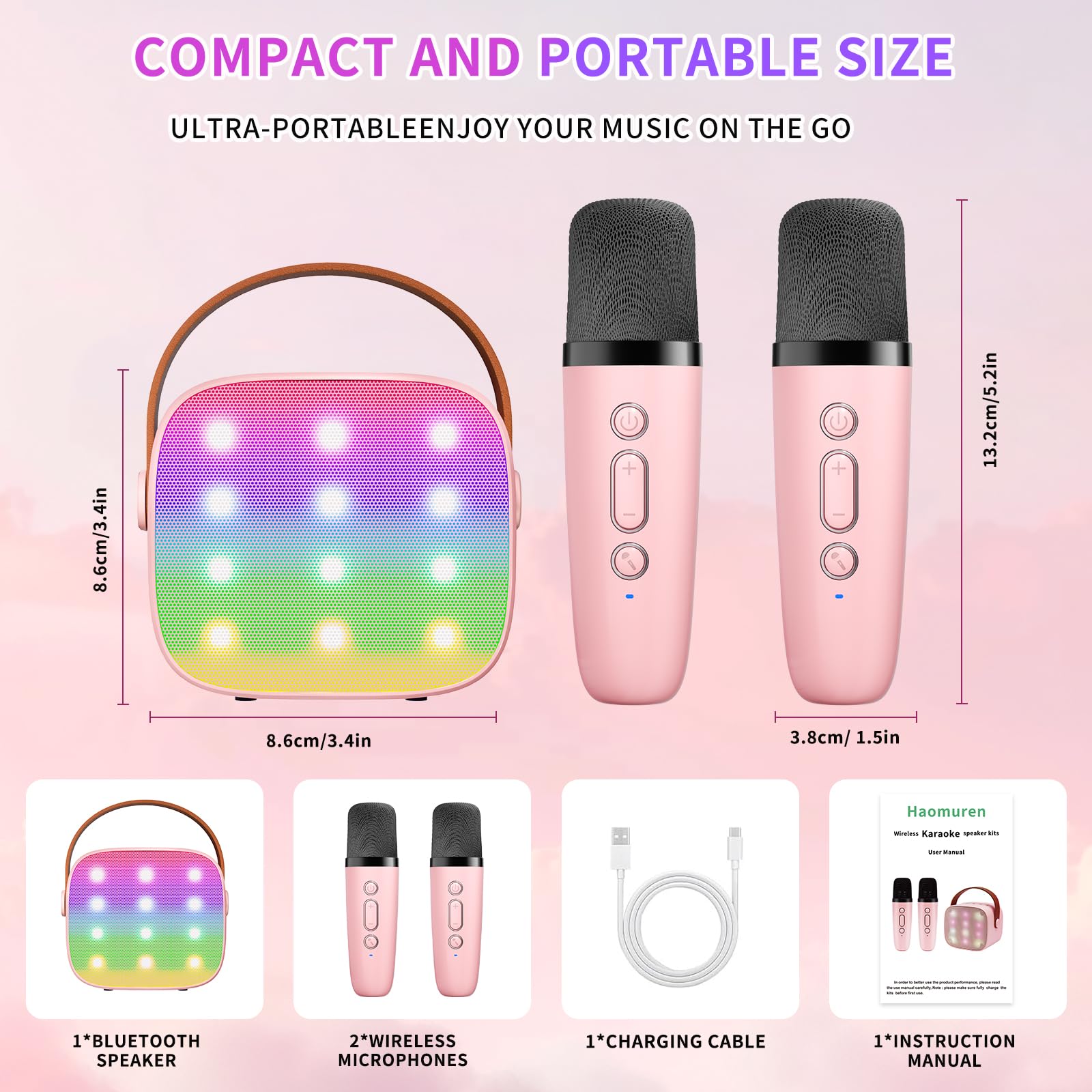 Mini Karaoke Machine Kids Microphone, Haomuren Portable Bluetooth Karaoke Speaker with 2 Wireless Microphones and LED Lights, Christmas Birthday Party Gifts for Kids & Adults - Image 2