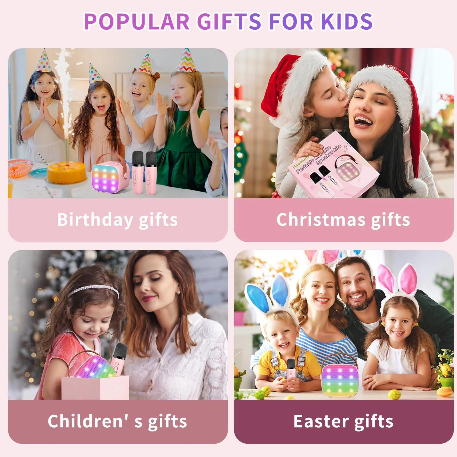 Mini Karaoke Machine Kids Microphone, Haomuren Portable Bluetooth Karaoke Speaker with 2 Wireless Microphones and LED Lights, Christmas Birthday Party Gifts for Kids & Adults - Image 3