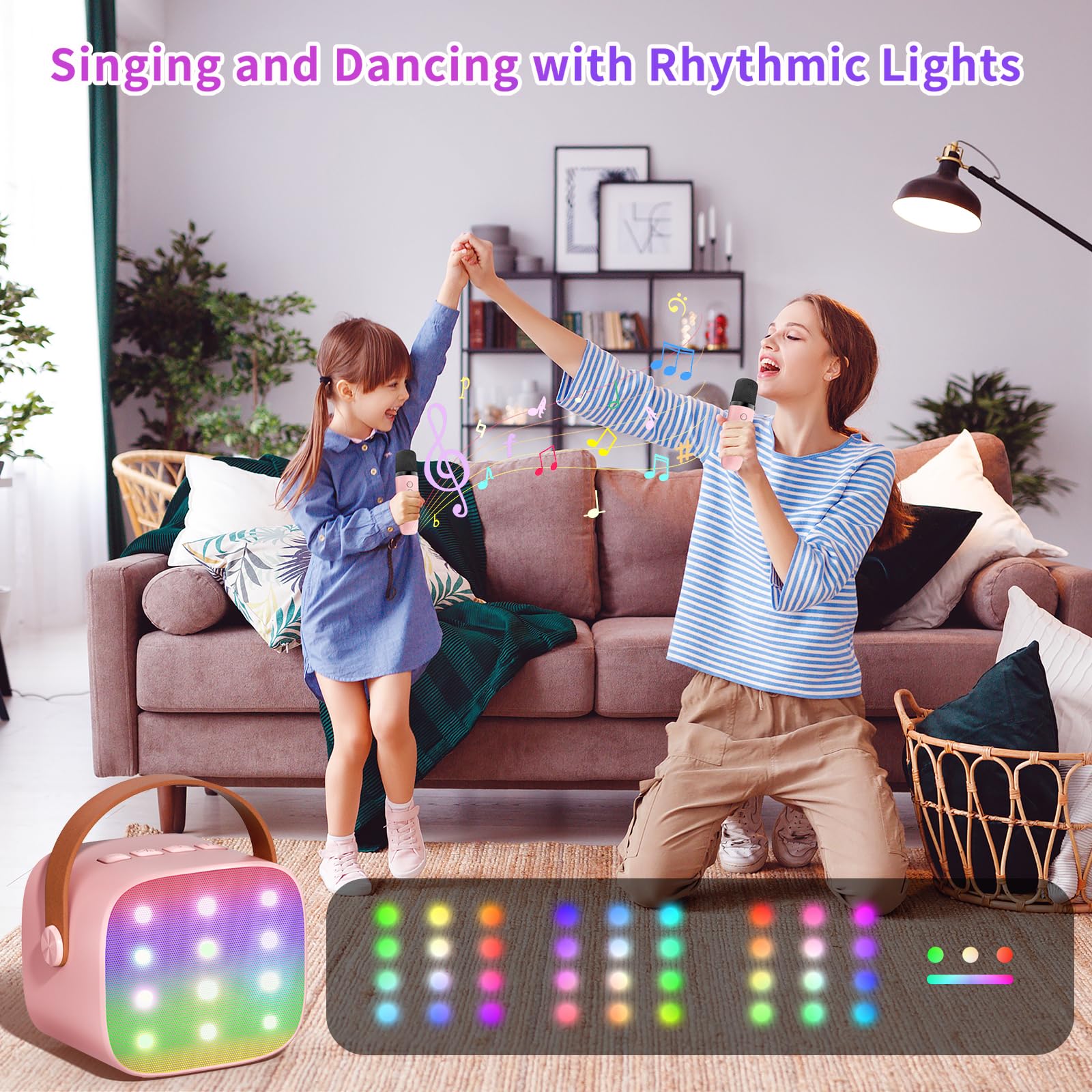 Mini Karaoke Machine Kids Microphone, Haomuren Portable Bluetooth Karaoke Speaker with 2 Wireless Microphones and LED Lights, Christmas Birthday Party Gifts for Kids & Adults - Image 4