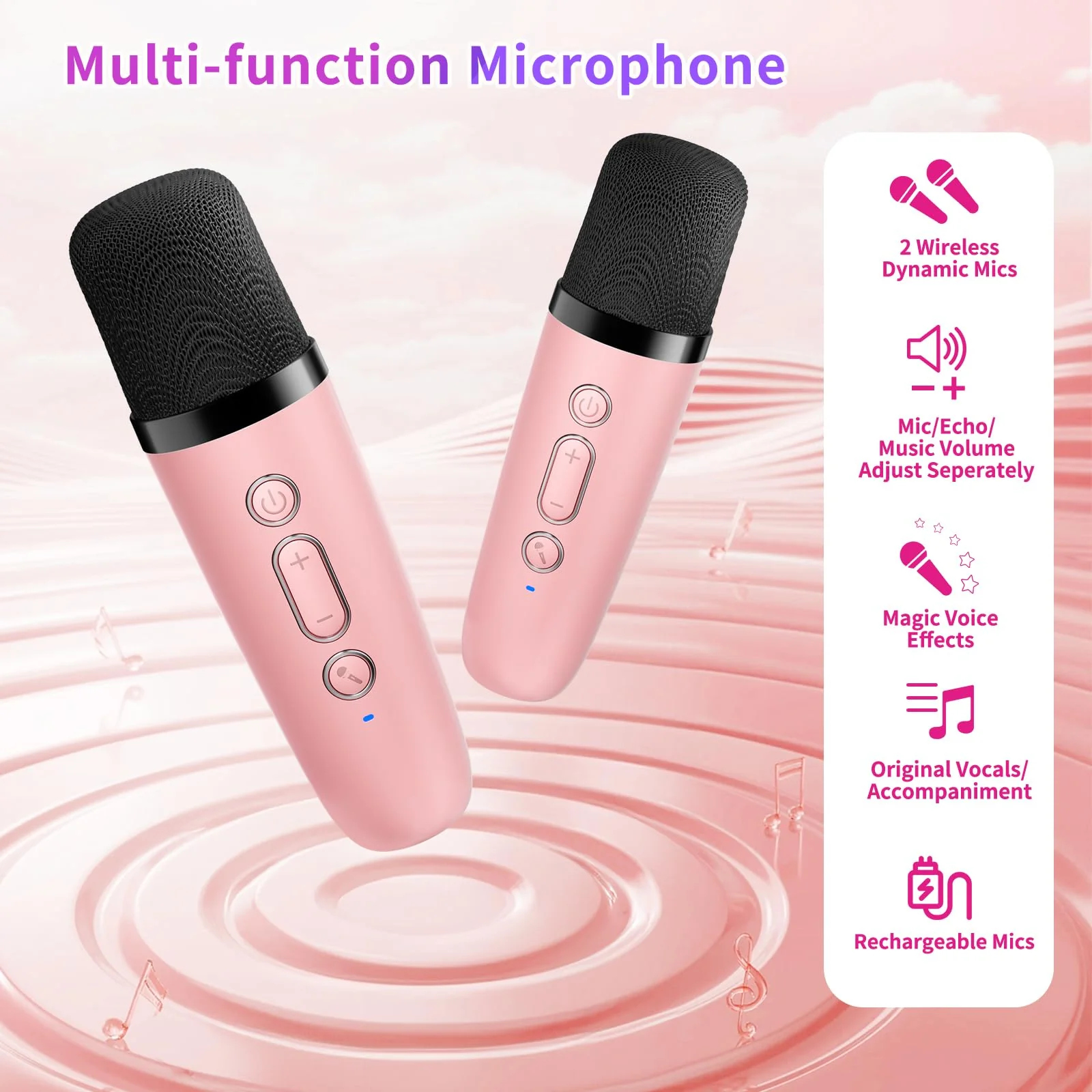 Mini Karaoke Machine Kids Microphone, Haomuren Portable Bluetooth Karaoke Speaker with 2 Wireless Microphones and LED Lights, Christmas Birthday Party Gifts for Kids & Adults - Image 5
