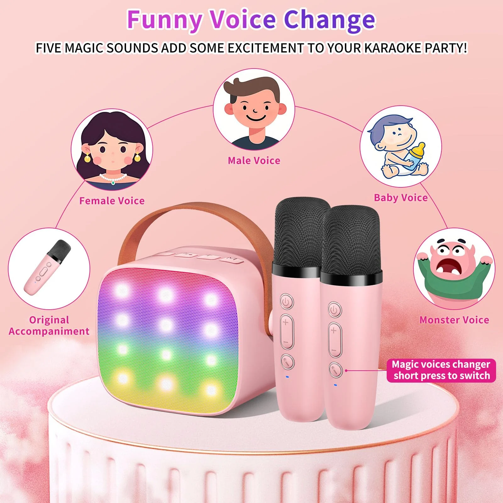 Mini Karaoke Machine Kids Microphone, Haomuren Portable Bluetooth Karaoke Speaker with 2 Wireless Microphones and LED Lights, Christmas Birthday Party Gifts for Kids & Adults - Image 8